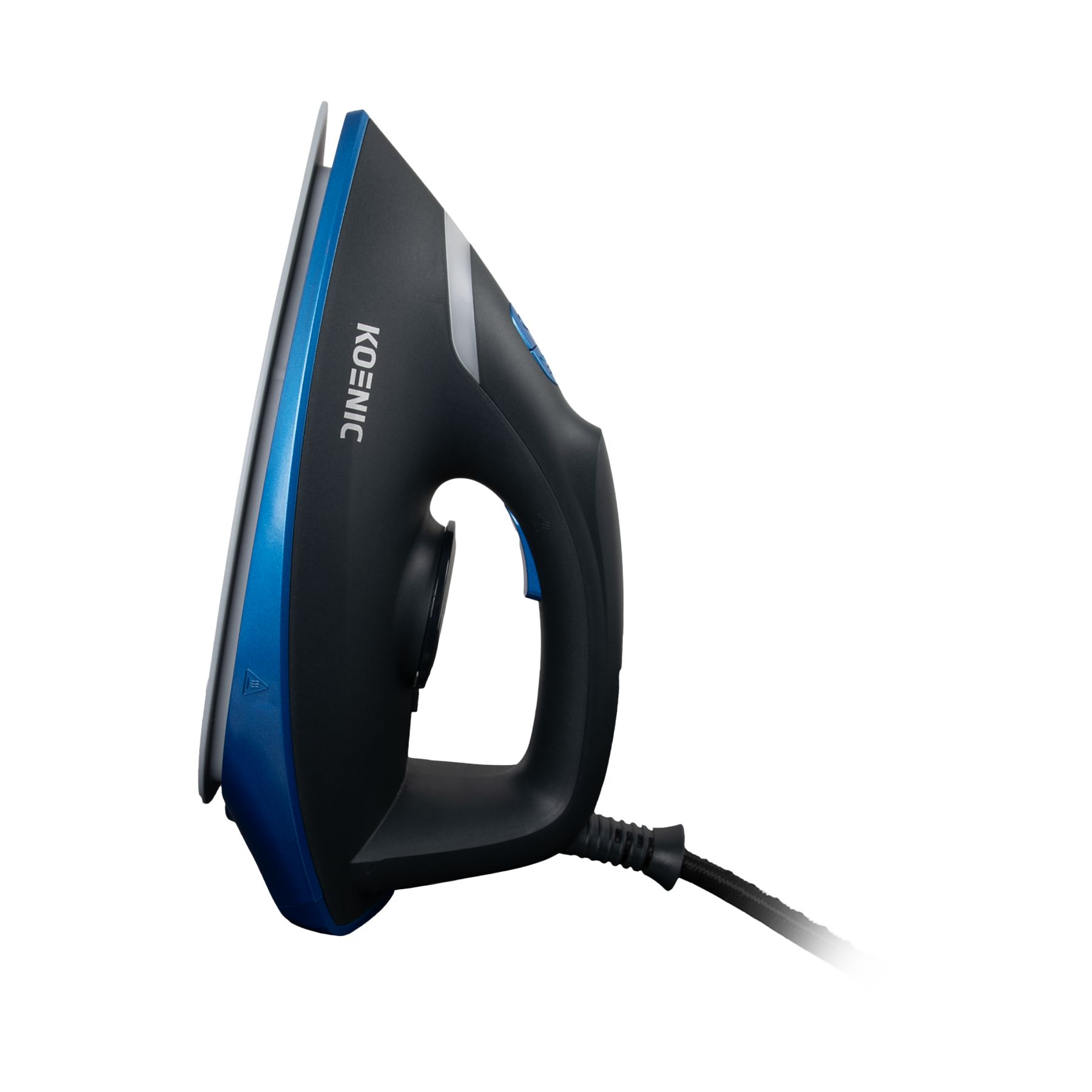 Czarne i niebieskie żelazko z marką 'KOENIC'. Żelazko na białym tle.