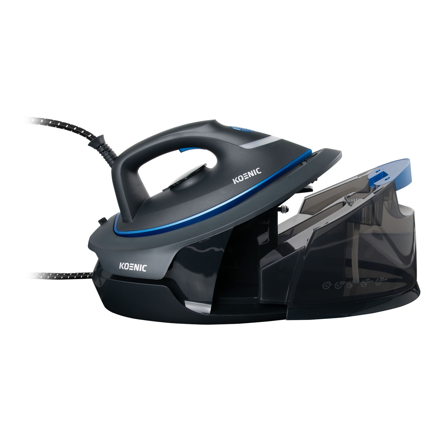 Czarno-szare żelazko parowe Koenic ze zbiornikiem na wodę, żelazko spoczywa na białym tle.