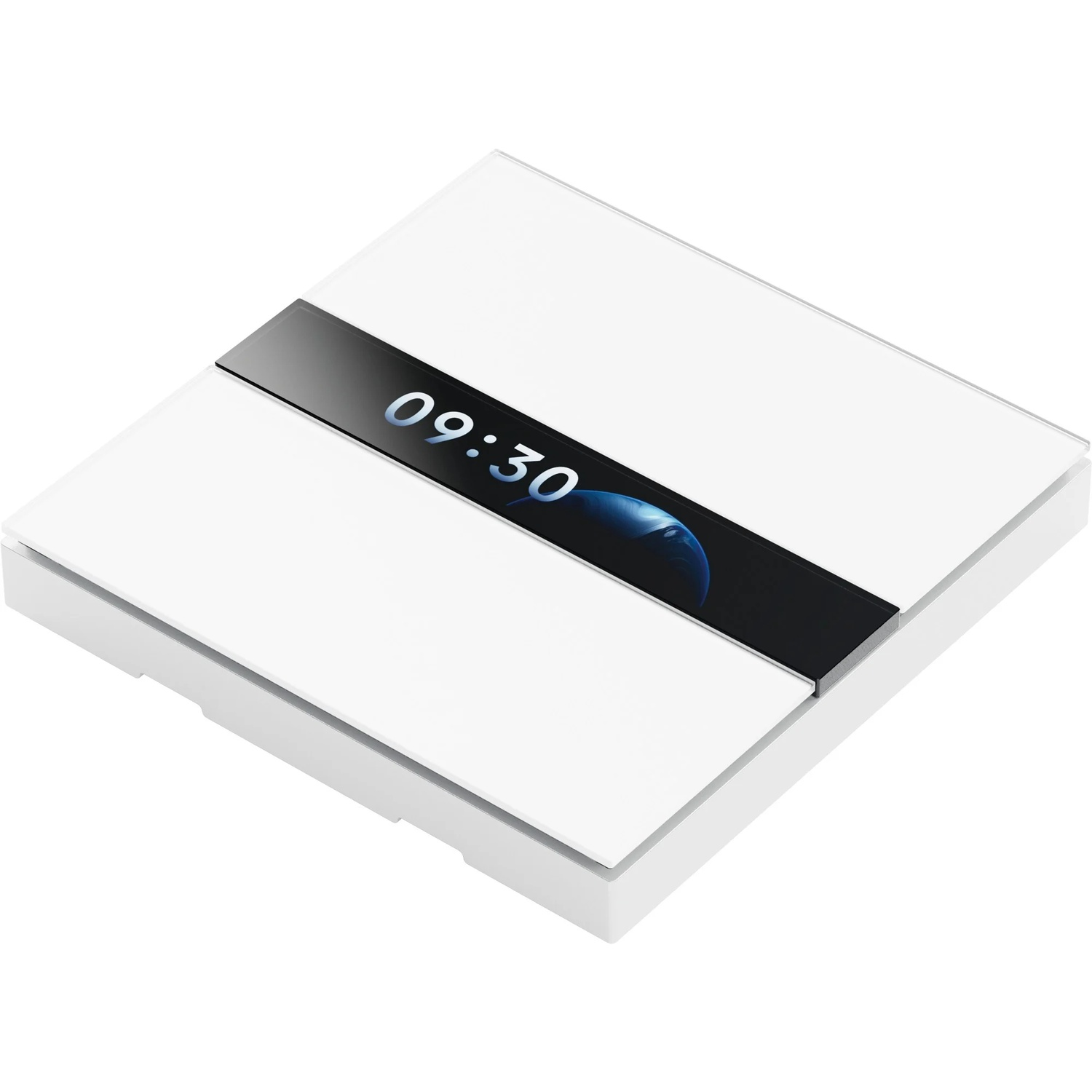 White device with a black display showing 09:30. The device is on a white surface. The background is white.