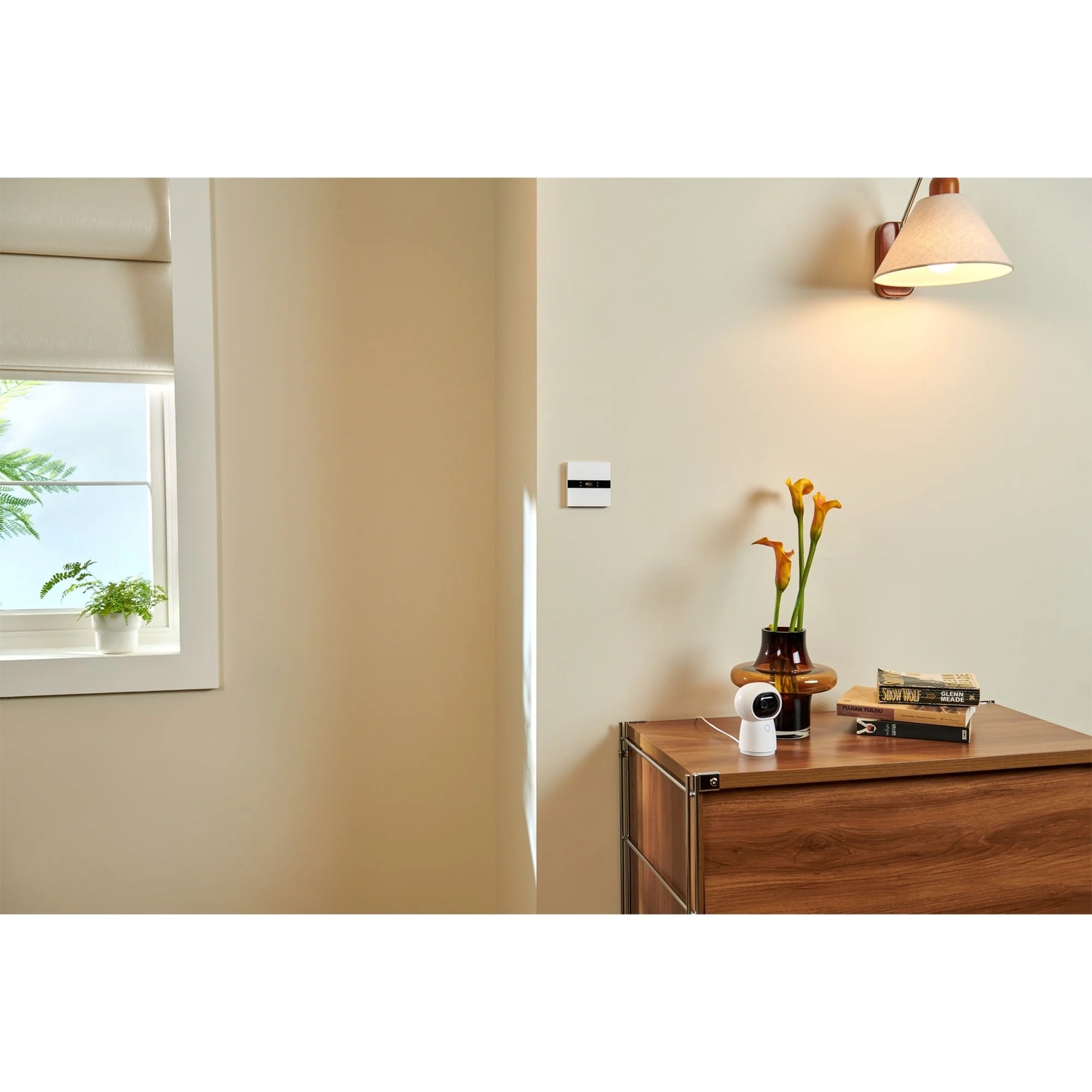 A room with a window, a wooden cabinet with books and a vase with flowers. A lamp on the wall and a security camera on the cabinet.