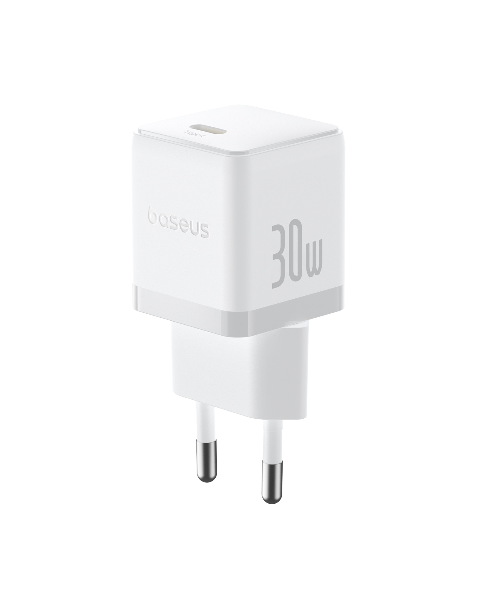 Egy fehér Baseus 30W-os töltő két csatlakozóval. Van egy Type-C portja, és fehér háttér előtt van.