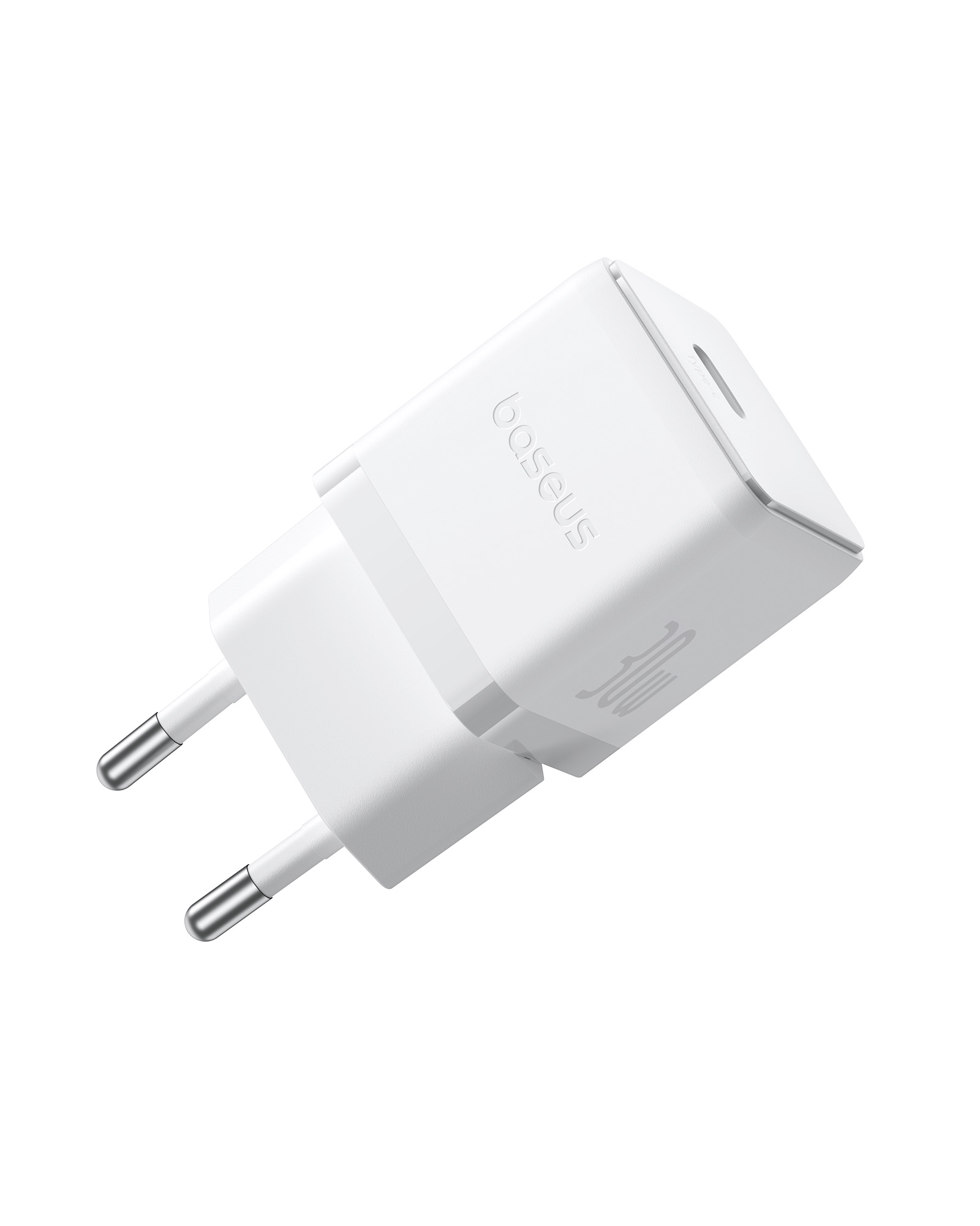 Fehér Baseus 30W-os töltő, európai dugóval, fehér háttér előtt.