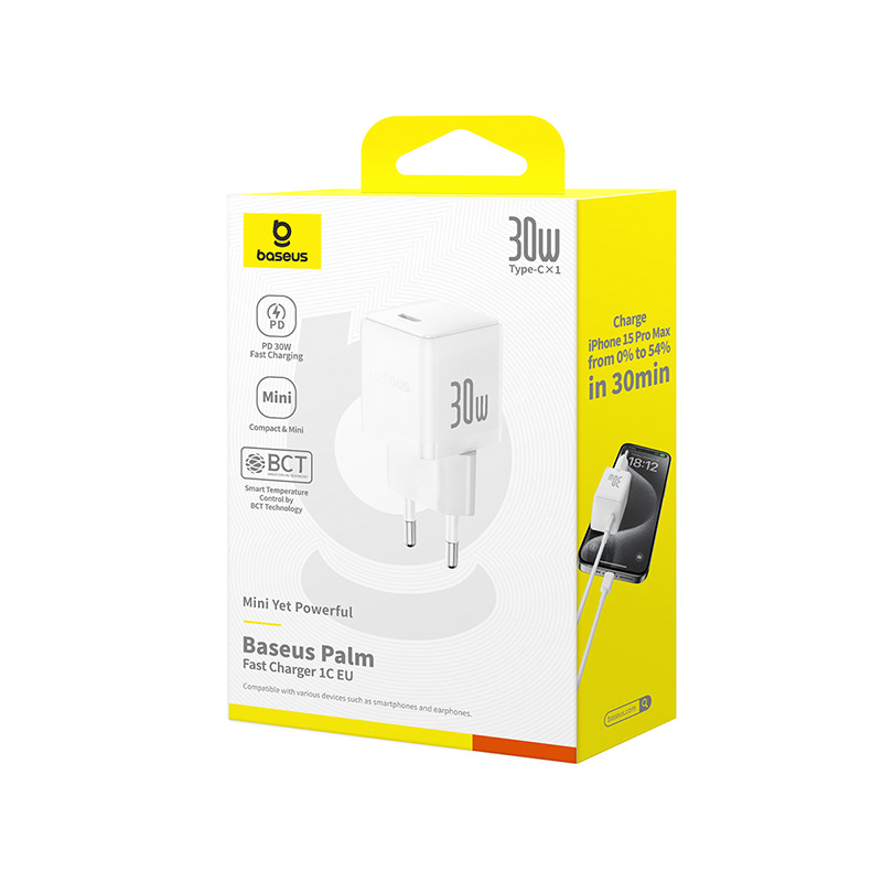 Baseus Palm gyorstöltő 1C EU sárga dobozban. A töltőt és egy töltő telefont mutat. Szöveg a dobozon: 30W, Gyorstöltés, Mini, BCT.