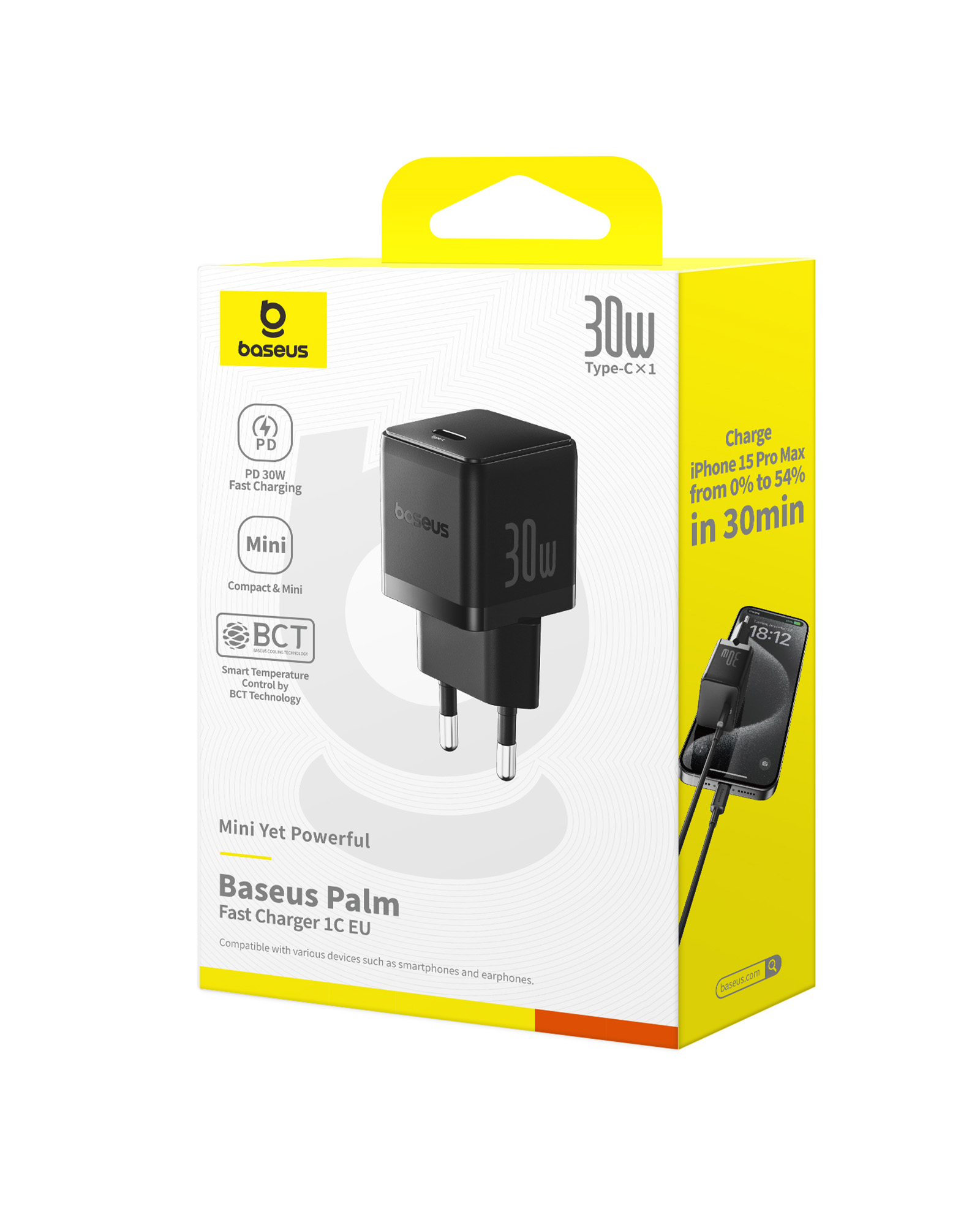 Egy Baseus Palm gyorstöltő doboz. Fekete, fekete töltővel és egy töltő telefonnal. A töltő 30 W-os.