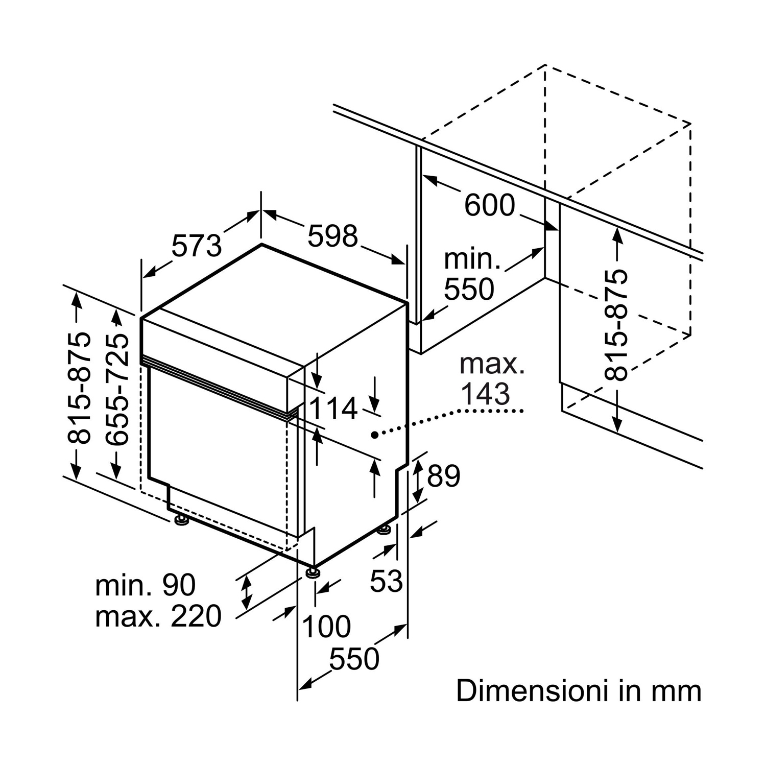 Diagramma di una lavastoviglie con dimensioni in mm. Include misure di altezza, larghezza e profondità e dettagli di installazione.