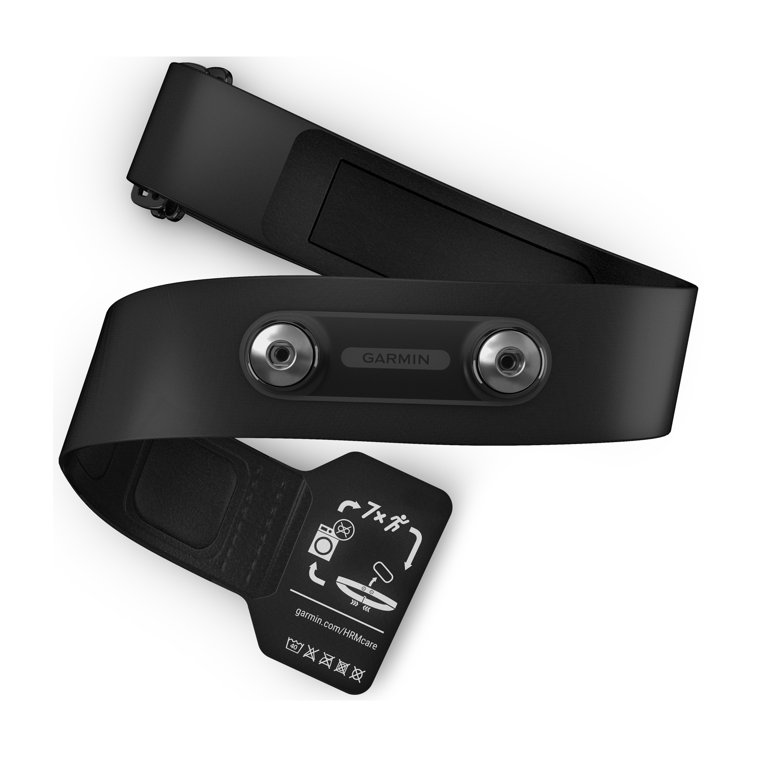 Cardiofrequenzimetro Garmin nero. Ha due sensori argentati e un cinturino nero con istruzioni. Lo sfondo è bianco.