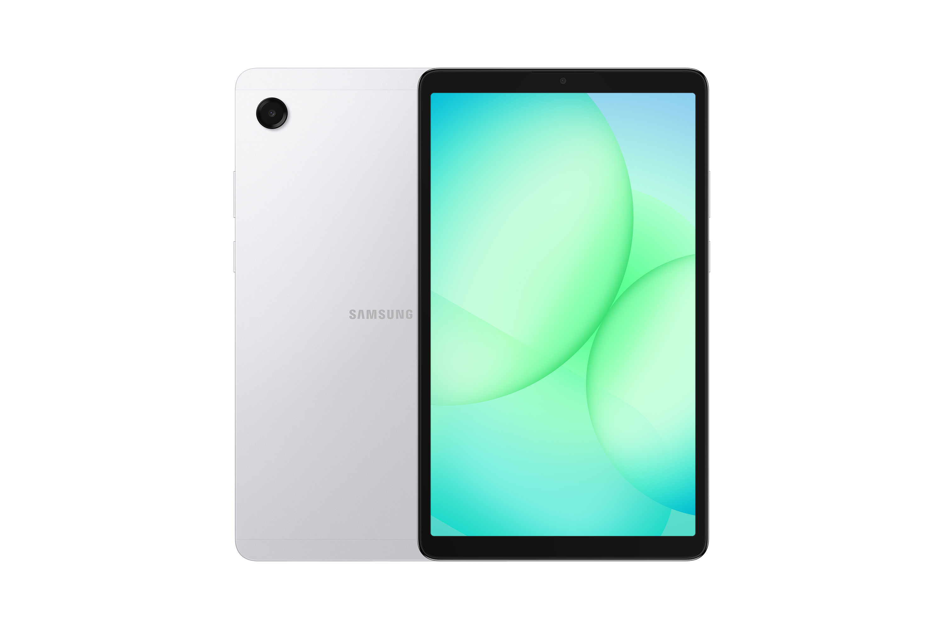 Ein silbernes Samsung-Tablet, Vorder- und Rückansicht. Der Bildschirm zeigt grüne und blaue abstrakte Formen.