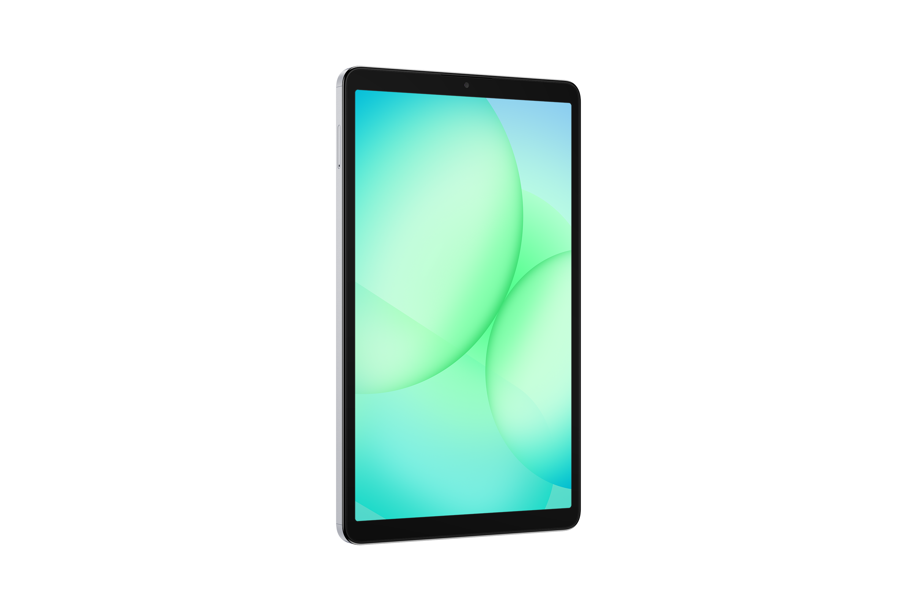 Ein Tablet mit silbernem Rahmen und grün-blauem Farbverlauf auf dem Bildschirm vor schwarzem Hintergrund.