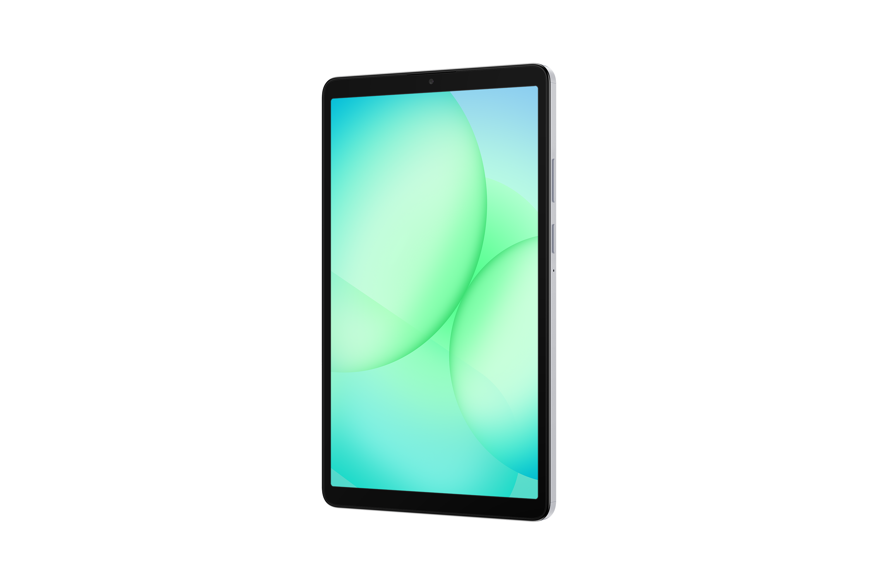 Ein silbernes Tablet mit einem Bildschirm, der grüne und blaue abstrakte Formen vor schwarzem Hintergrund zeigt.