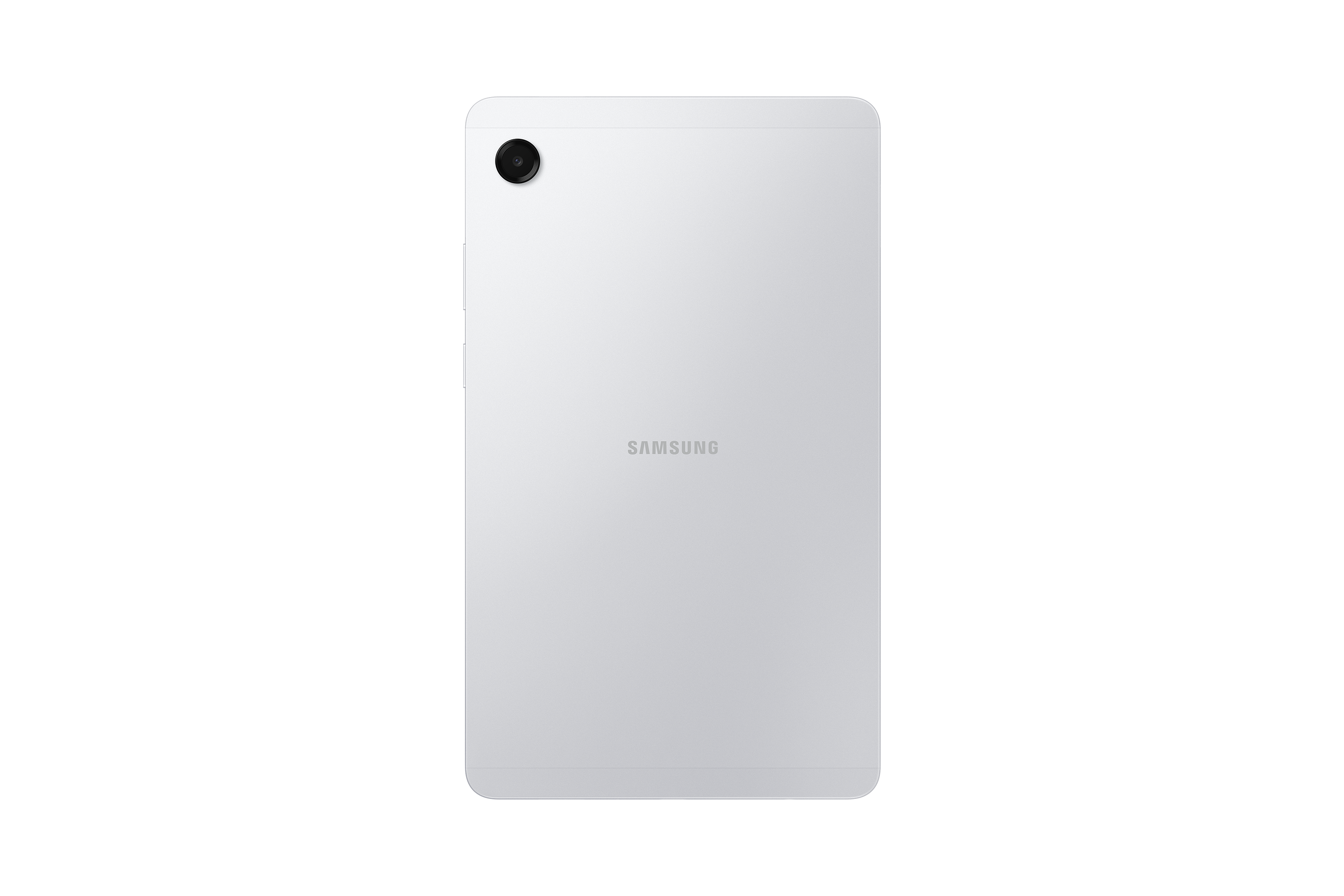 Auf schwarzem Hintergrund ist die Rückseite eines weißen Samsung-Tablets zu sehen. Es hat eine Kamera und das Samsung-Logo.