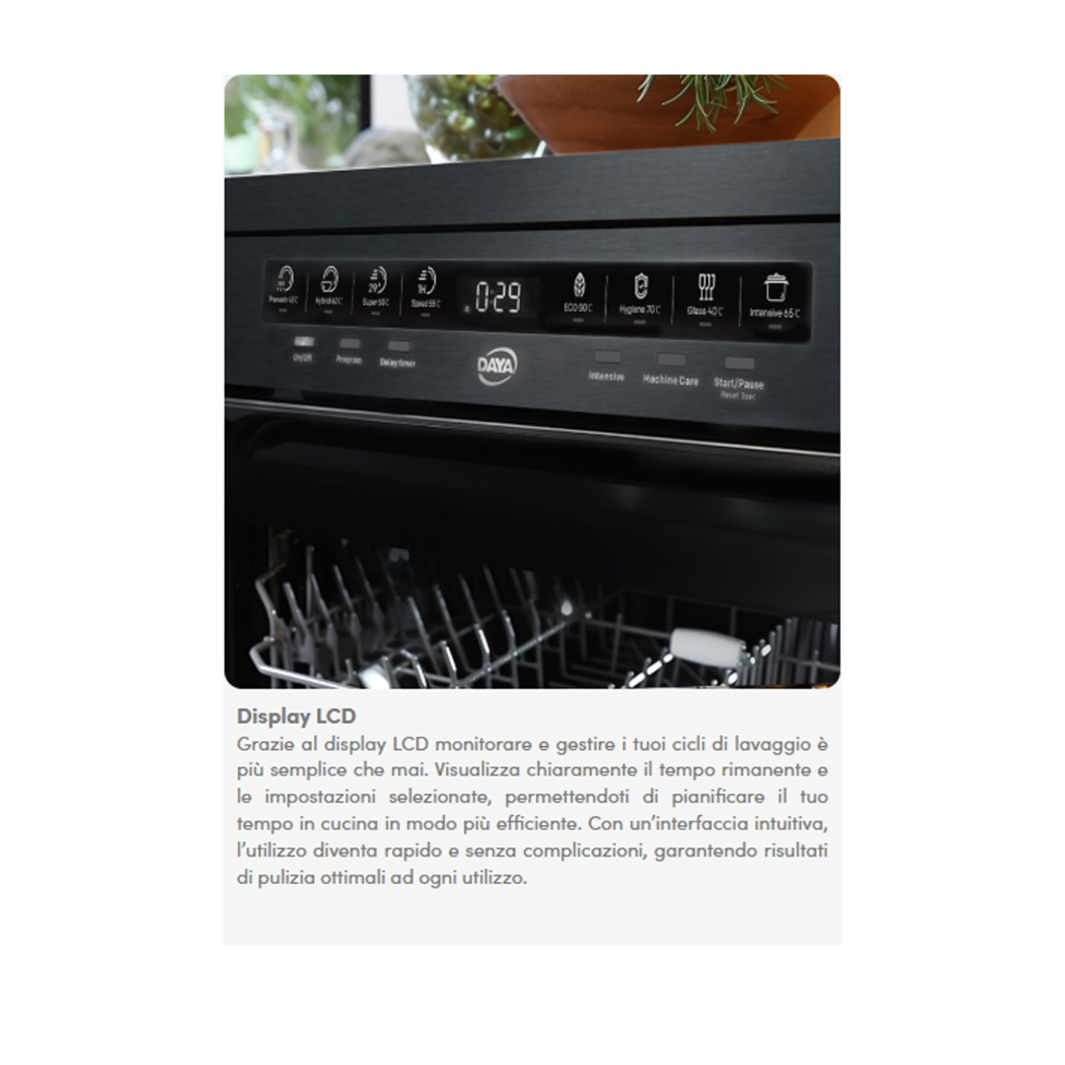 Pannello comandi lavastoviglie nero con display digitale. Tasti per vari cicli di lavaggio. Il marchio è DAYA.