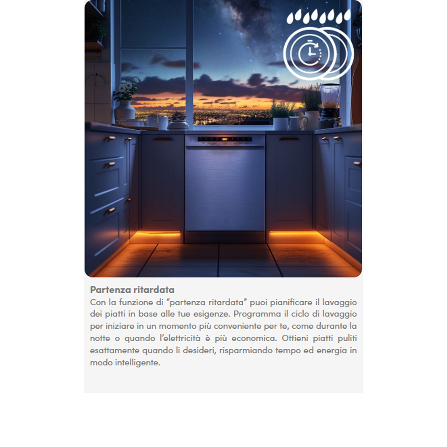 Interni cucina con lavastoviglie, finestra con cielo notturno, armadio, base illuminata e alcune icone.