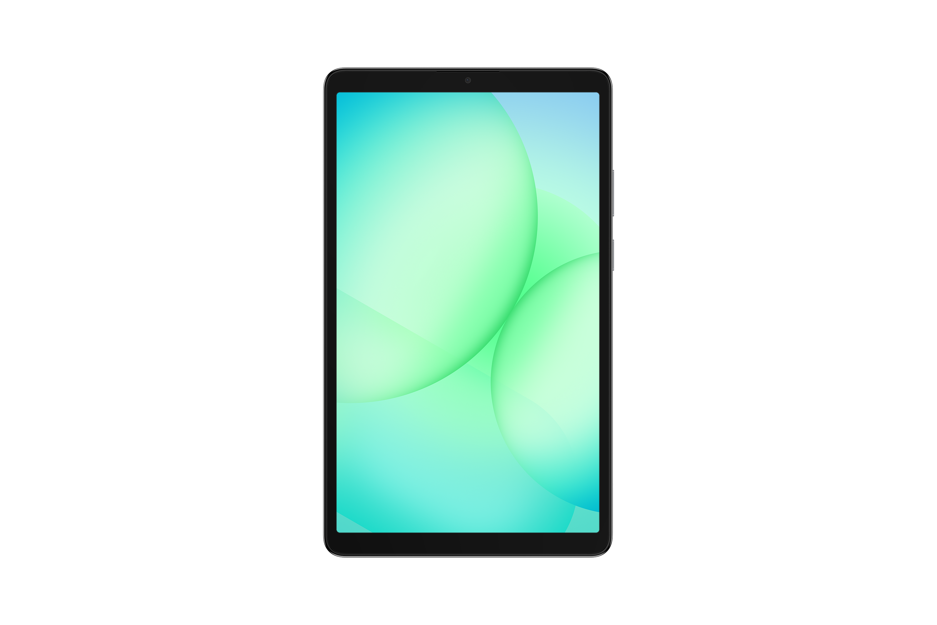 Ein Tablet vor schwarzem Hintergrund. Der Bildschirm zeigt grüne und blaue Farbverläufe mit hellgrünen Blasen.