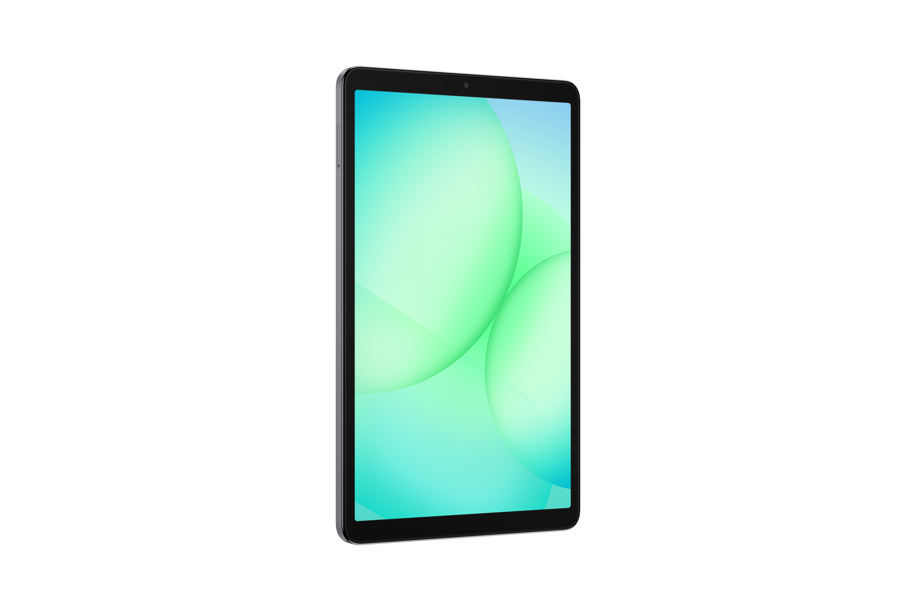 Ein Tablet mit einem türkis-grünen Farbverlauf auf dem Bildschirm vor schwarzem Hintergrund. Das Tablet ist nach rechts geneigt.