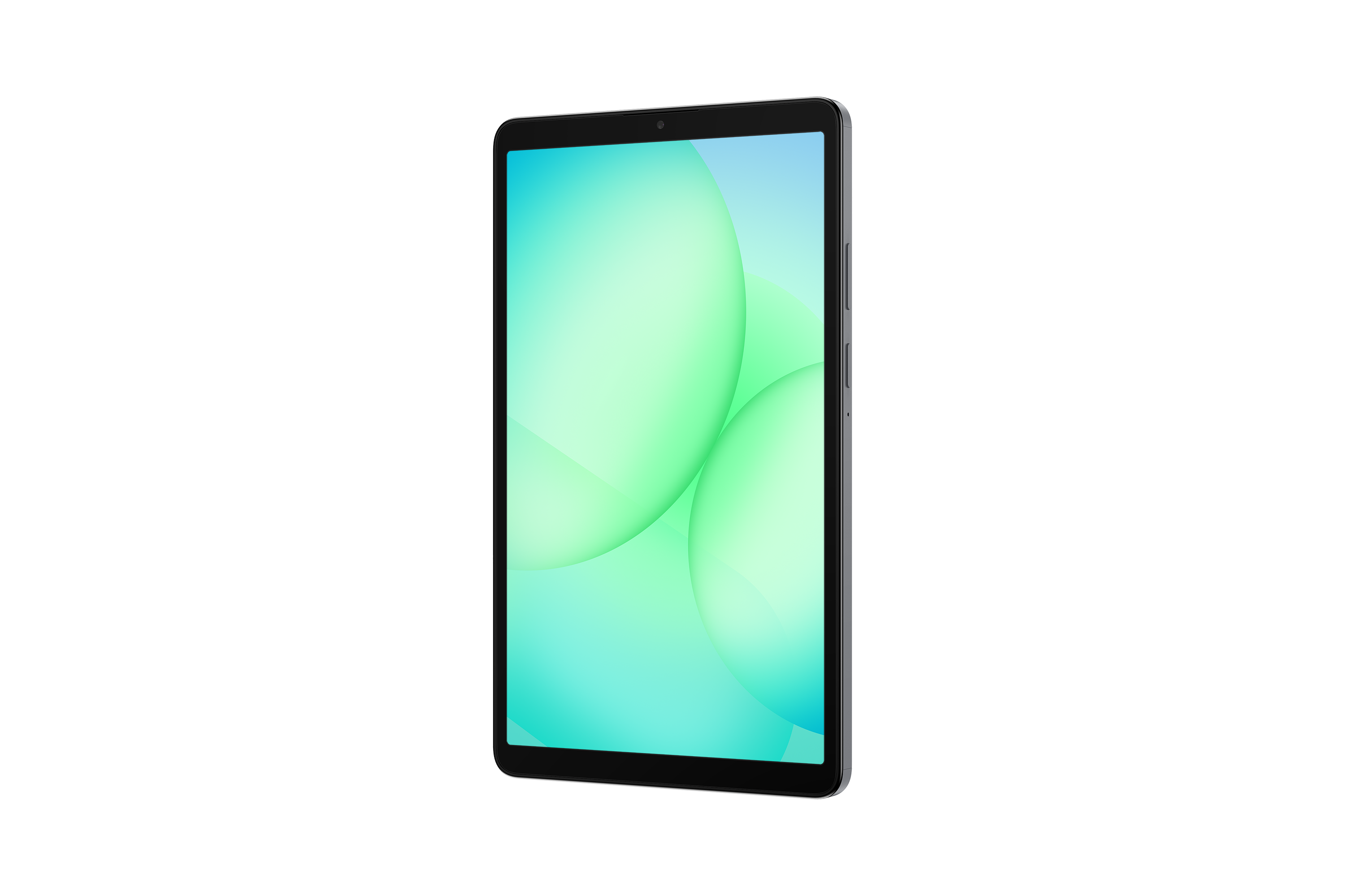 Ein Tablet wird in einem Winkel angezeigt. Der Bildschirm zeigt grüne und blaue Blasen. Der Hintergrund ist schwarz.