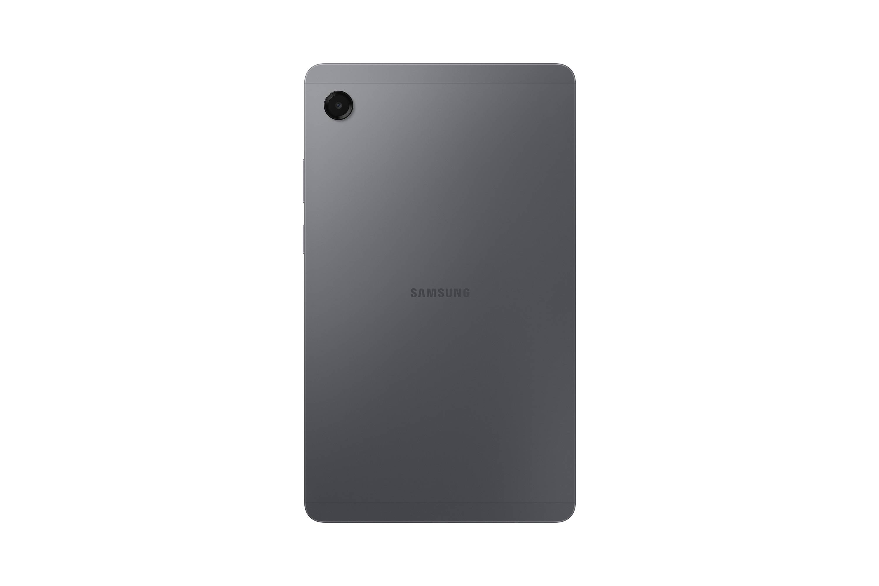 Rückseite eines grauen Samsung-Tablets mit Kamera oben und Samsung-Logo.