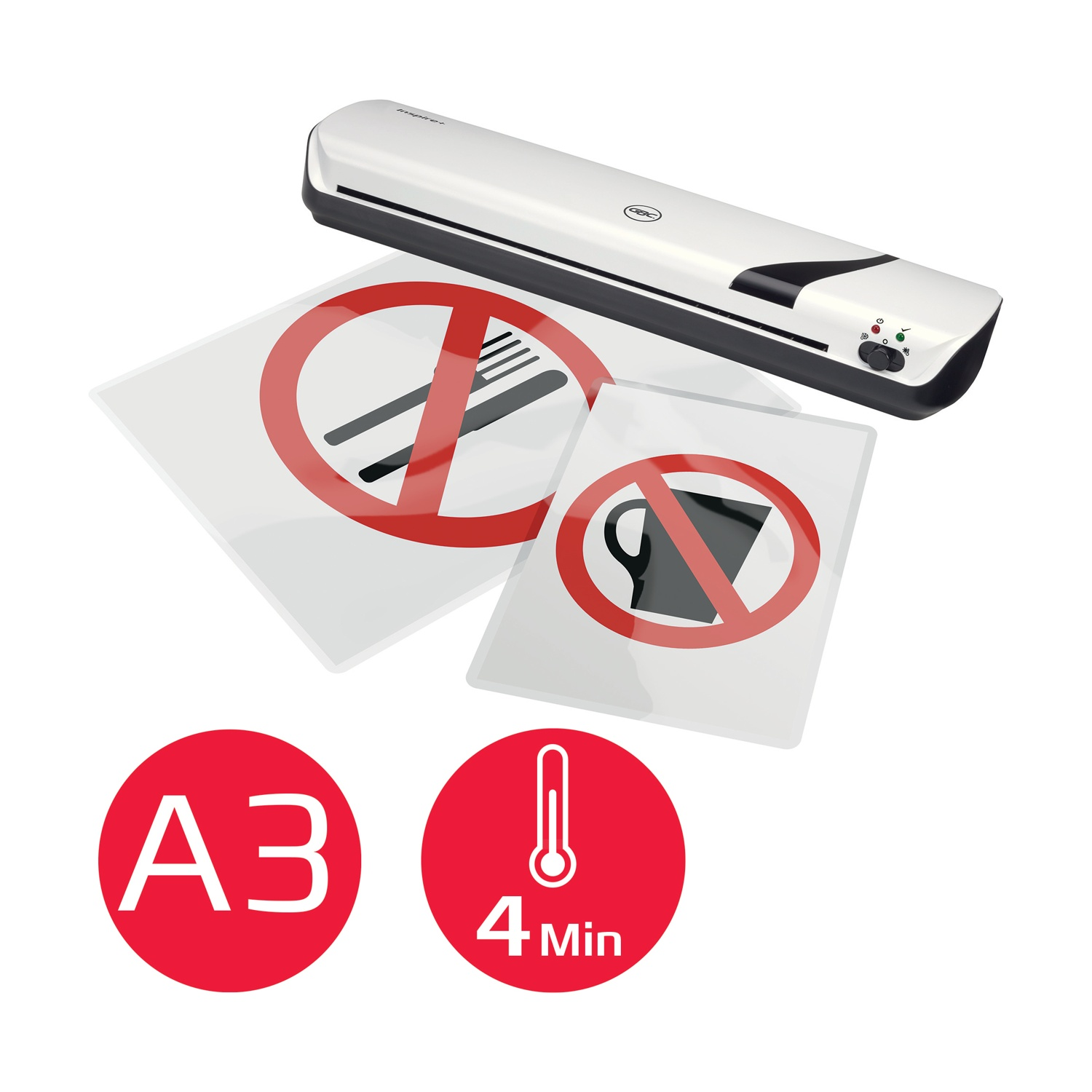 Una plastificatrice con segnali di avvertimento, indicatori A3 e di temperatura/tempo. I segnali mostrano forchetta/coltello e una tazza sbarrati.