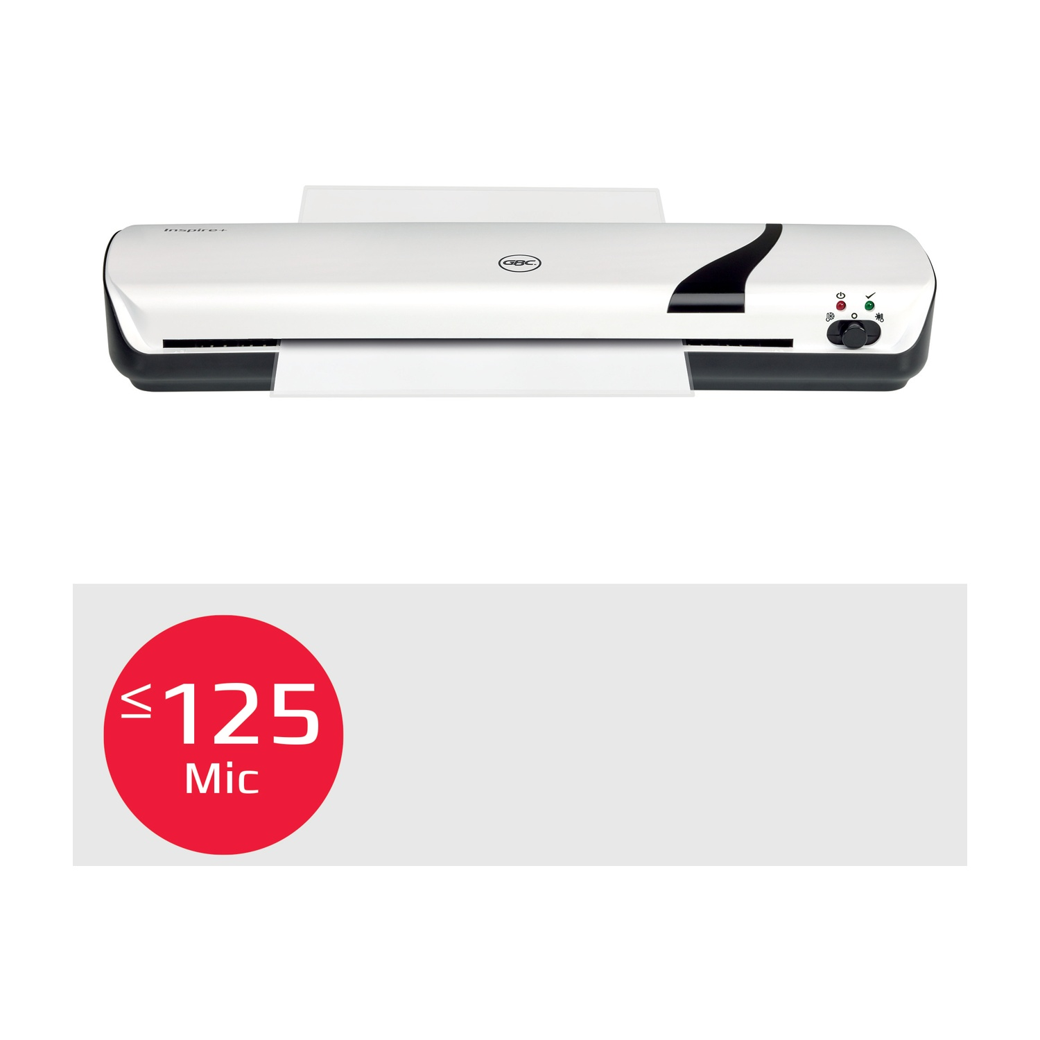 È mostrata una plastificatrice bianca GBC Inspire+. Un cerchio rosso con la scritta '≤125 Mic' è presente sotto la plastificatrice.