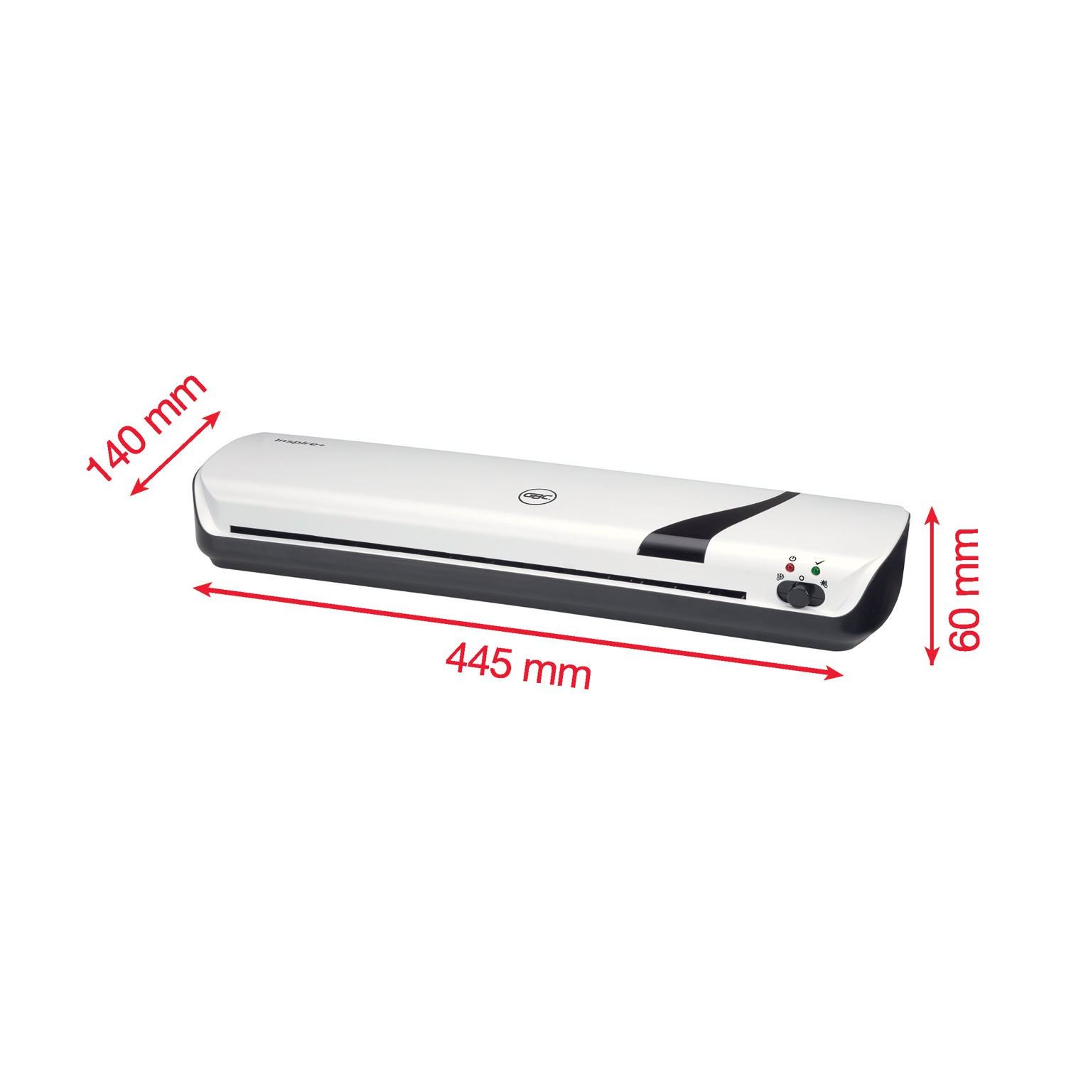 Una plastificatrice bianca e nera con dimensioni indicate: 445 mm di lunghezza, 140 mm di larghezza e 60 mm di altezza. Include un pannello di controllo.