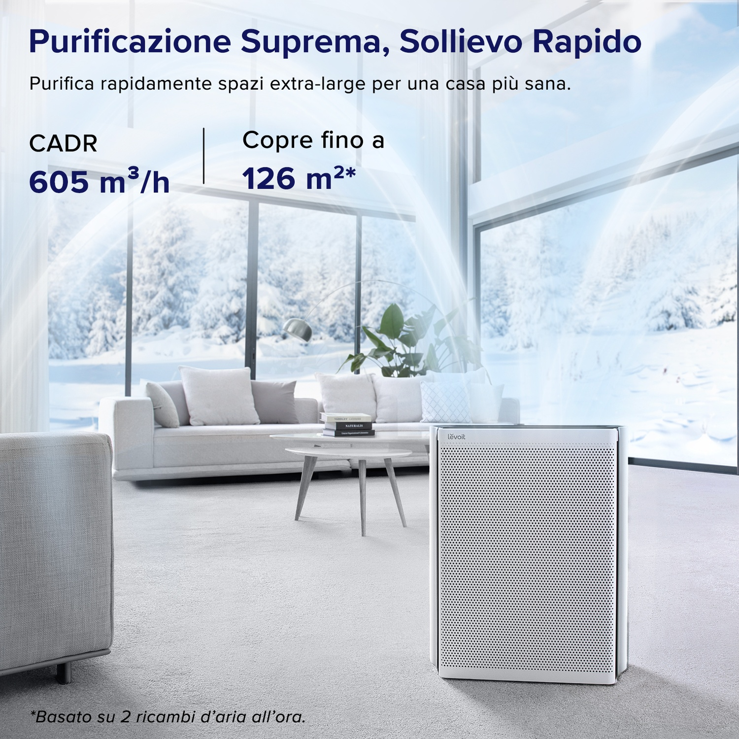 Un purificatore d'aria in un soggiorno. Lo sfondo mostra un paesaggio innevato attraverso una grande finestra. Un divano e un tavolo sono visibili.