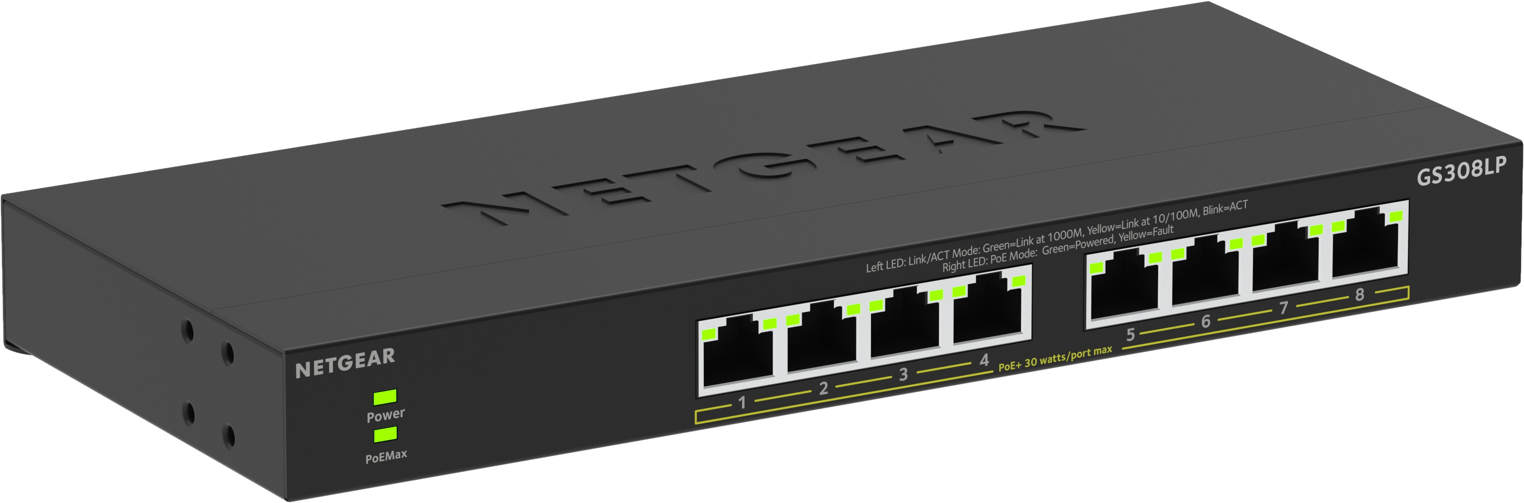 Commutateur Netgear GS308LP noir avec huit ports, indicateurs LED verts et le logo Netgear. Les ports sont numérotés de 1 à 8.