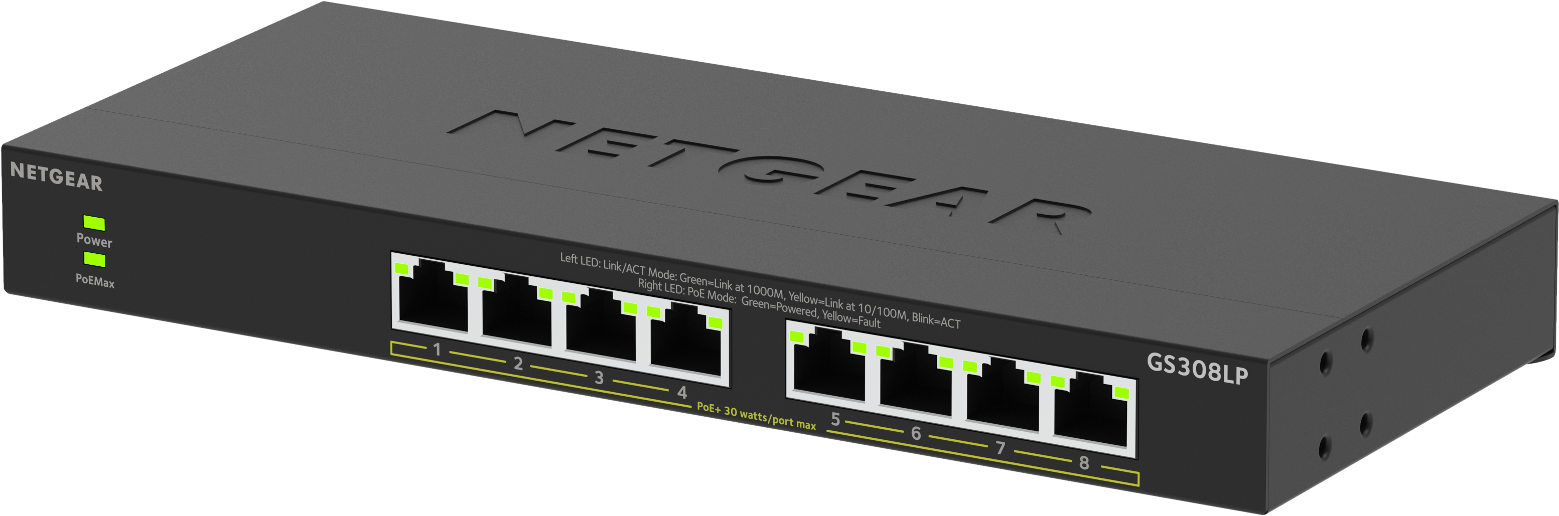 Un switch Netgear GS308LP noir avec des LED d'alimentation vertes, huit ports numérotés et le logo Netgear.