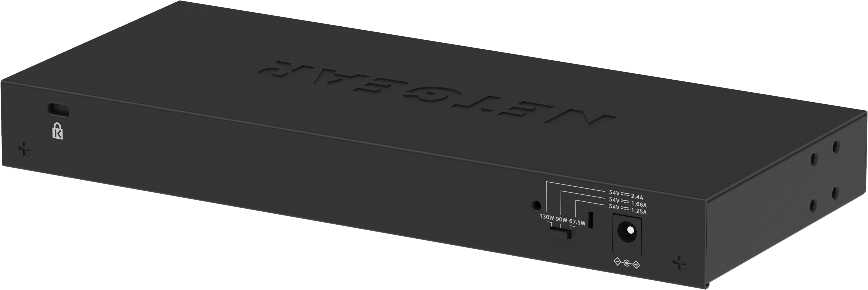 Un commutateur Netgear noir avec ports, entrée d'alimentation et symbole de verrouillage. Le texte NETGEAR est en relief.