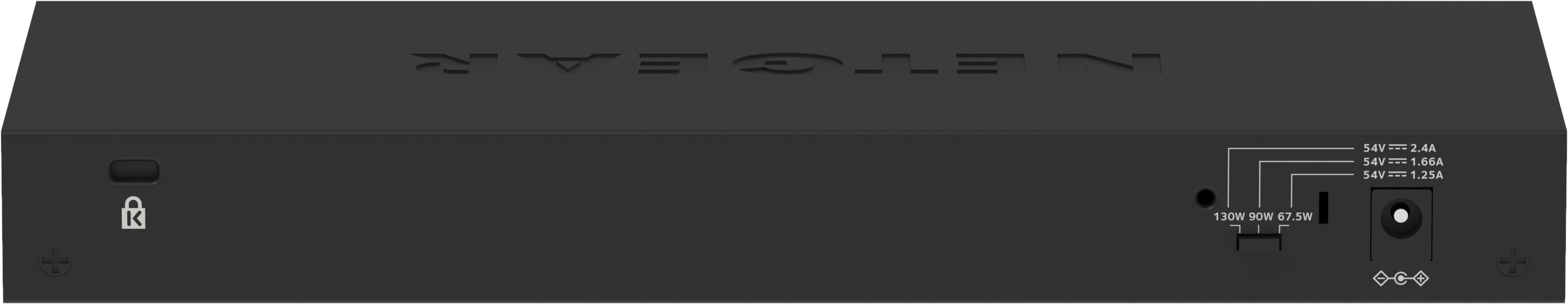 Panneau arrière du routeur noir avec logo Netgear, icône de verrou, entrée d'alimentation et spécifications de tension.
