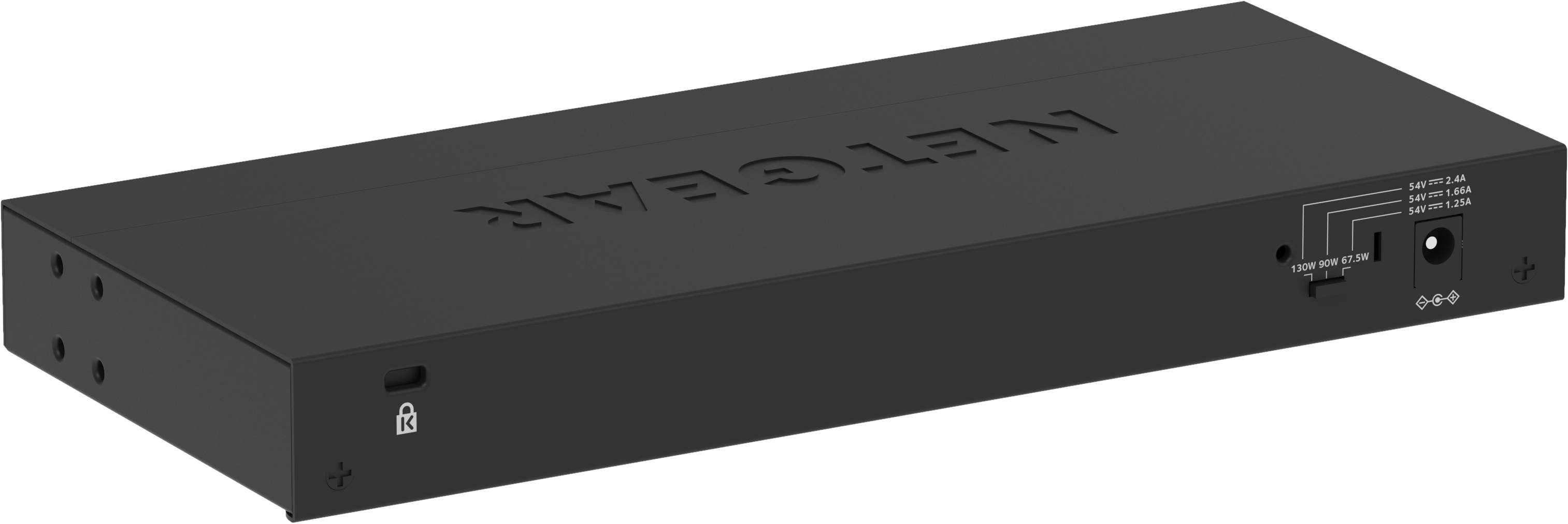 Un appareil Netgear rectangulaire noir. Il a des détails d'entrée d'alimentation et un symbole de verrouillage. Le logo Netgear est en relief.