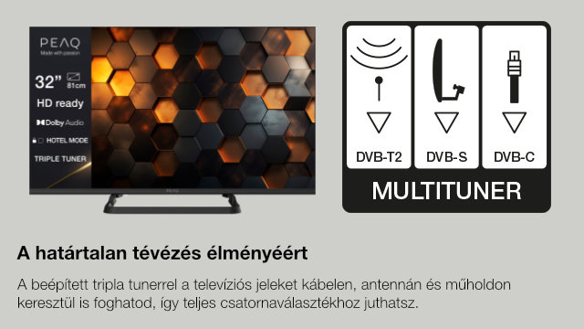TV hatszögletű mintás képernyővel, DVB-T2, DVB-S és DVB-C tuner ikonokkal. Szöveg: 'Tripla tuner' és 'HD ready'.