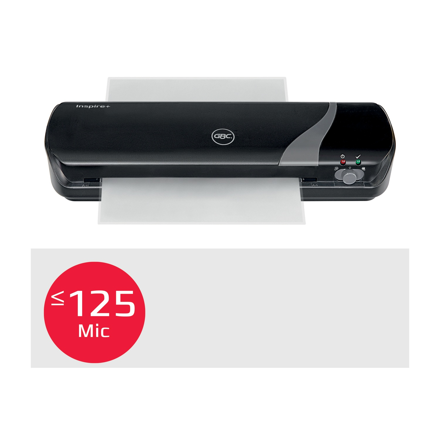 Una plastificatrice GBC Inspire+ nera con fogli trasparenti, cerchio rosso con '≤125 Mic' su sfondo bianco.