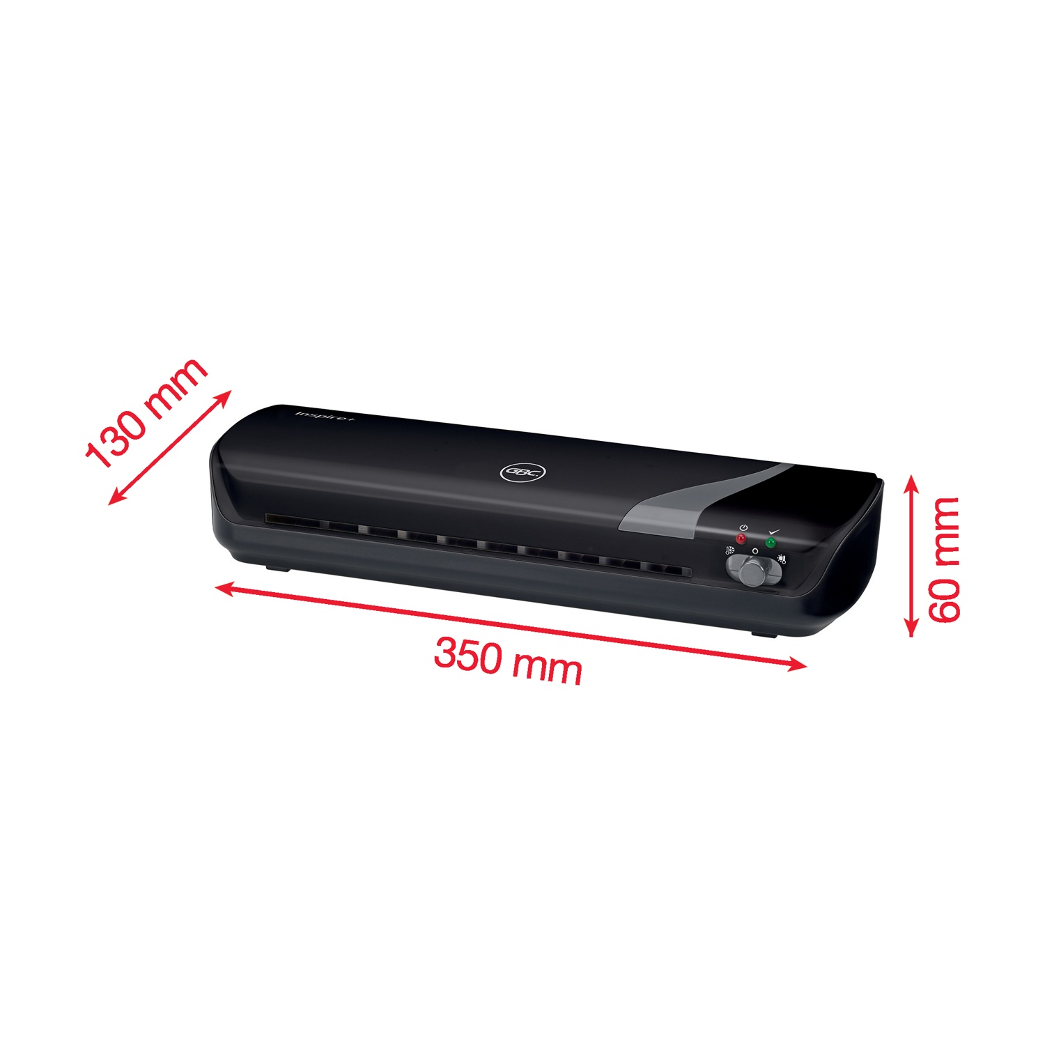 Una plastificatrice nera con dimensioni: 350mm di lunghezza, 130mm di larghezza e 60mm di altezza. Ha un pannello di controllo.