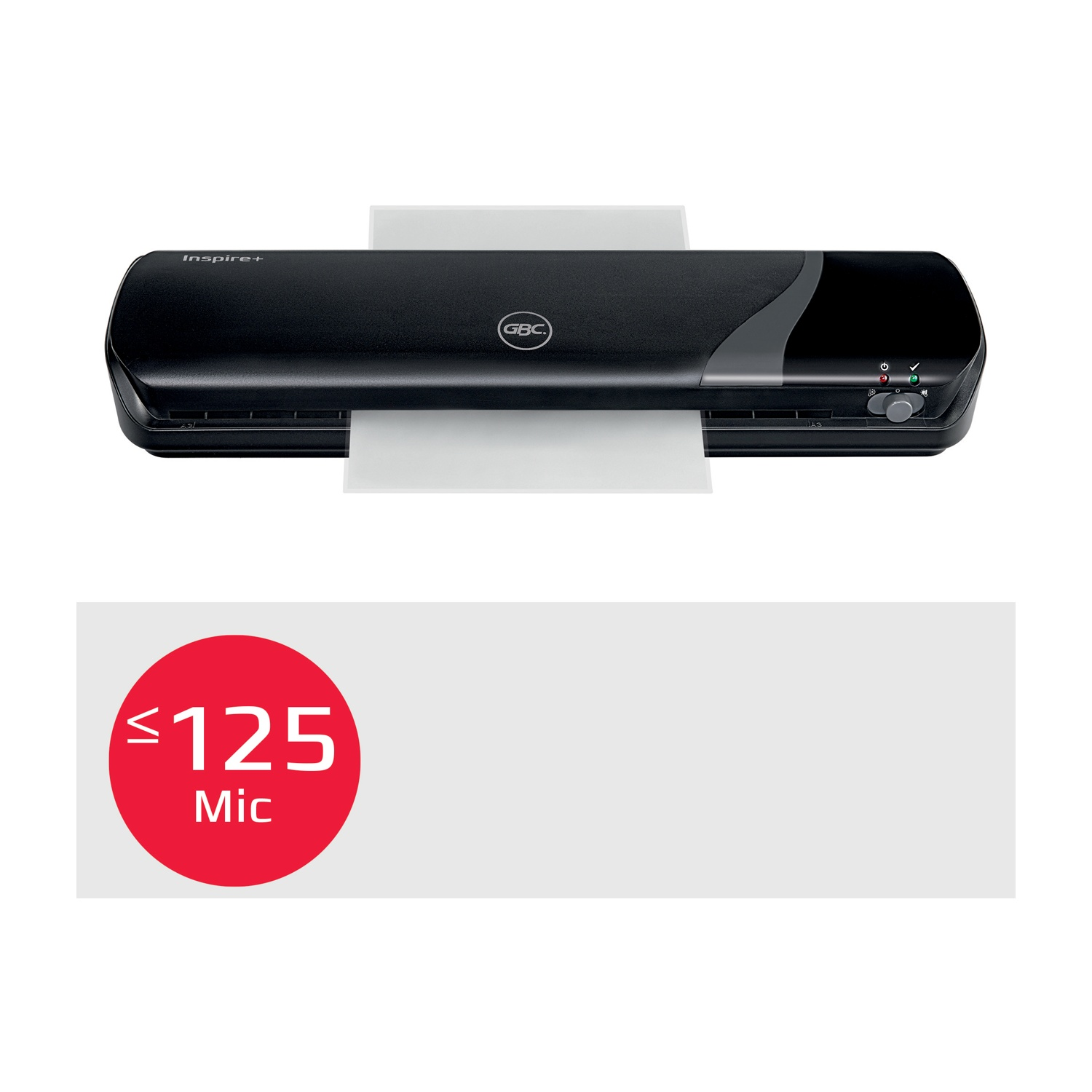 Laminatrice Inspire+ nera con un foglio bianco inserito. Sotto, un cerchio rosso con il testo bianco "≤125 Mic".
