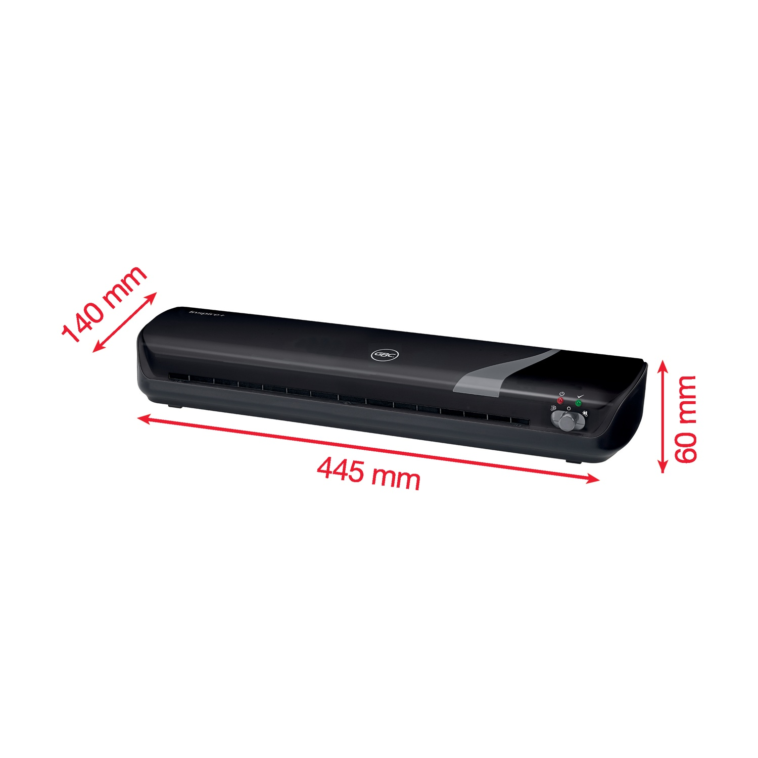 Una plastificatrice nera con dimensioni etichettate. La macchina è lunga 445 mm, larga 140 mm e alta 60 mm. Ha pulsanti e luci.