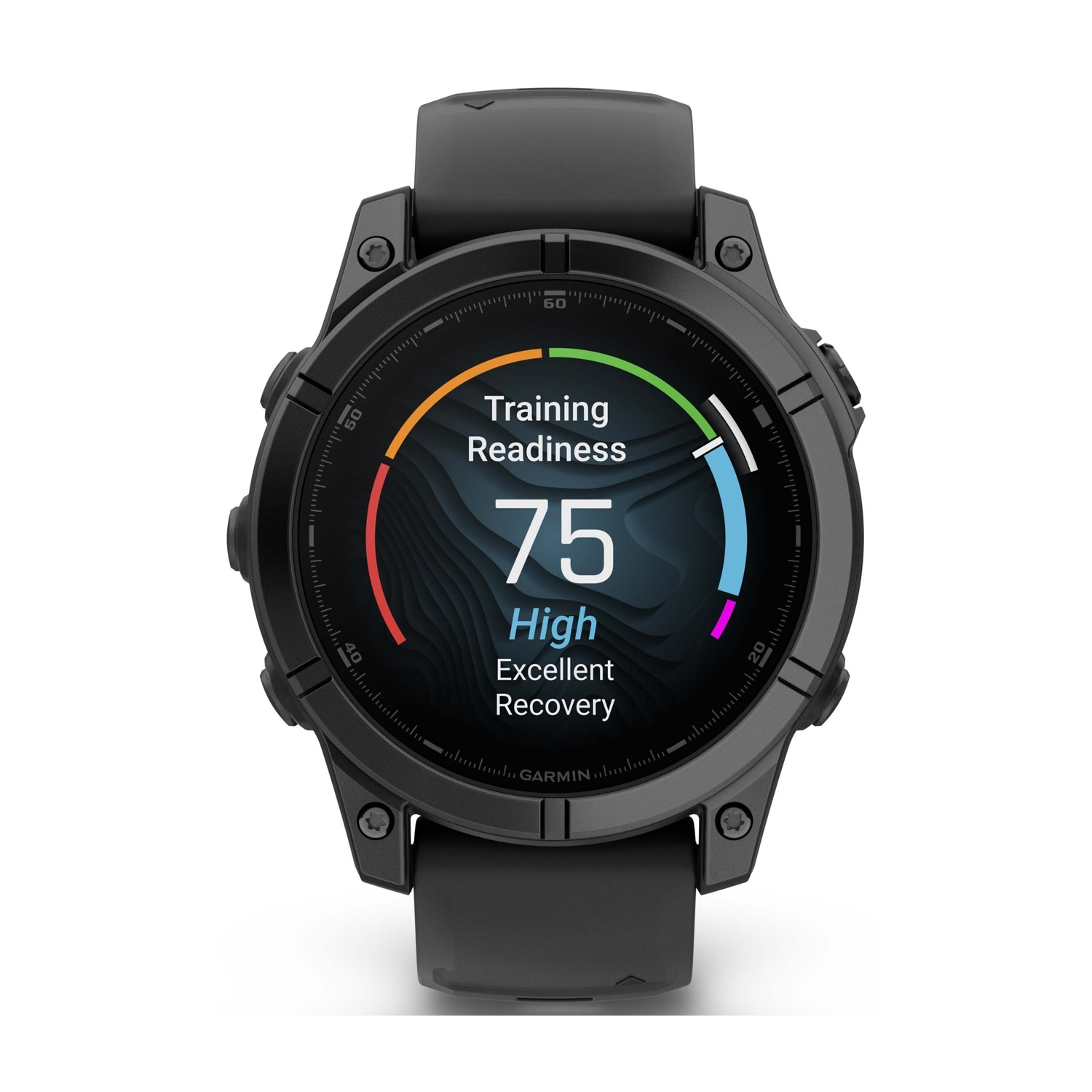 Uno smartwatch Garmin nero mostra la preparazione all'allenamento, punteggio 75 (alto) ed eccellente recupero. L'orologio ha un display circolare.