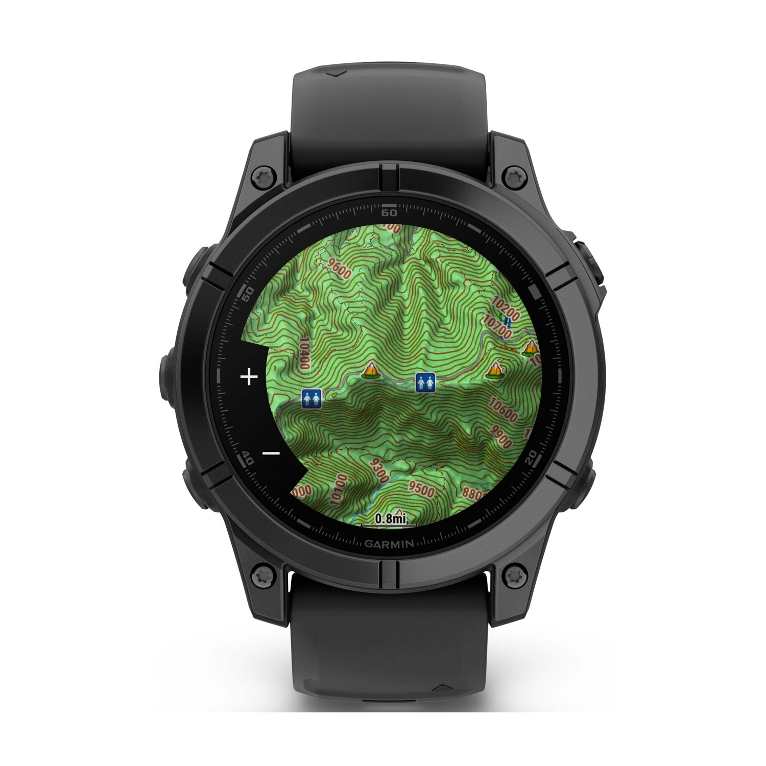 Un orologio Garmin nero mostra una mappa topografica verde con curve di livello e waypoint su sfondo bianco.