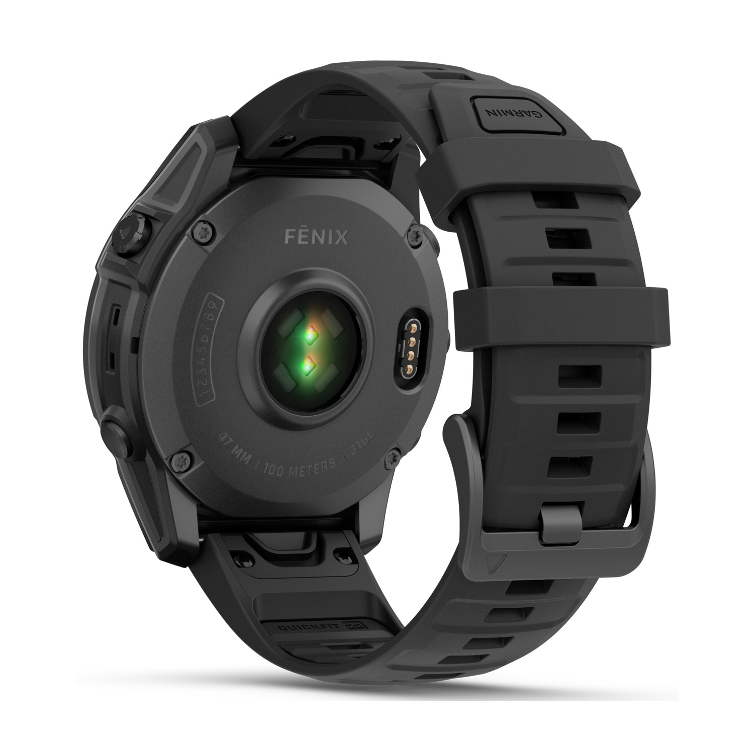 Smartwatch Garmin Fenix nero. Il retro è visibile, mostrando un sensore di frequenza cardiaca. Il cinturino è attaccato.