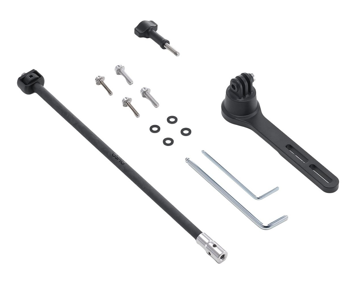 Różne akcesoria do montażu kamery, w tym długie ramię, śruby, klucze imbusowe i mocowanie kamery, wszystko na białym tle.