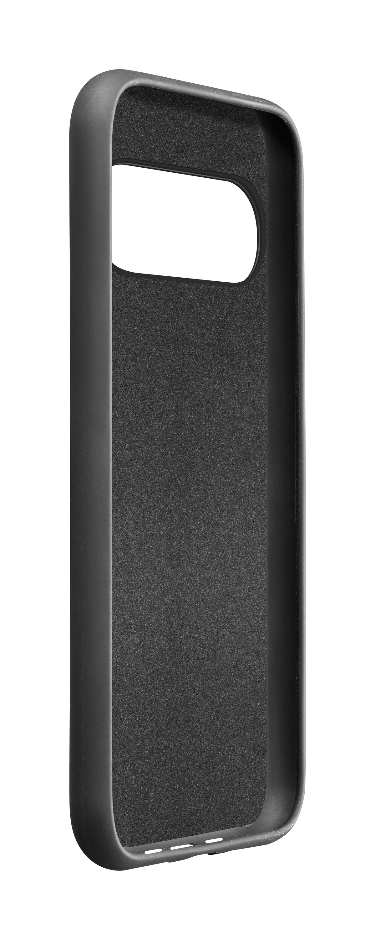 Eine schwarze Handyhülle mit strukturierter Innenseite. Sie hat Aussparungen für Kamera und Knöpfe. Der Hintergrund ist weiß.
