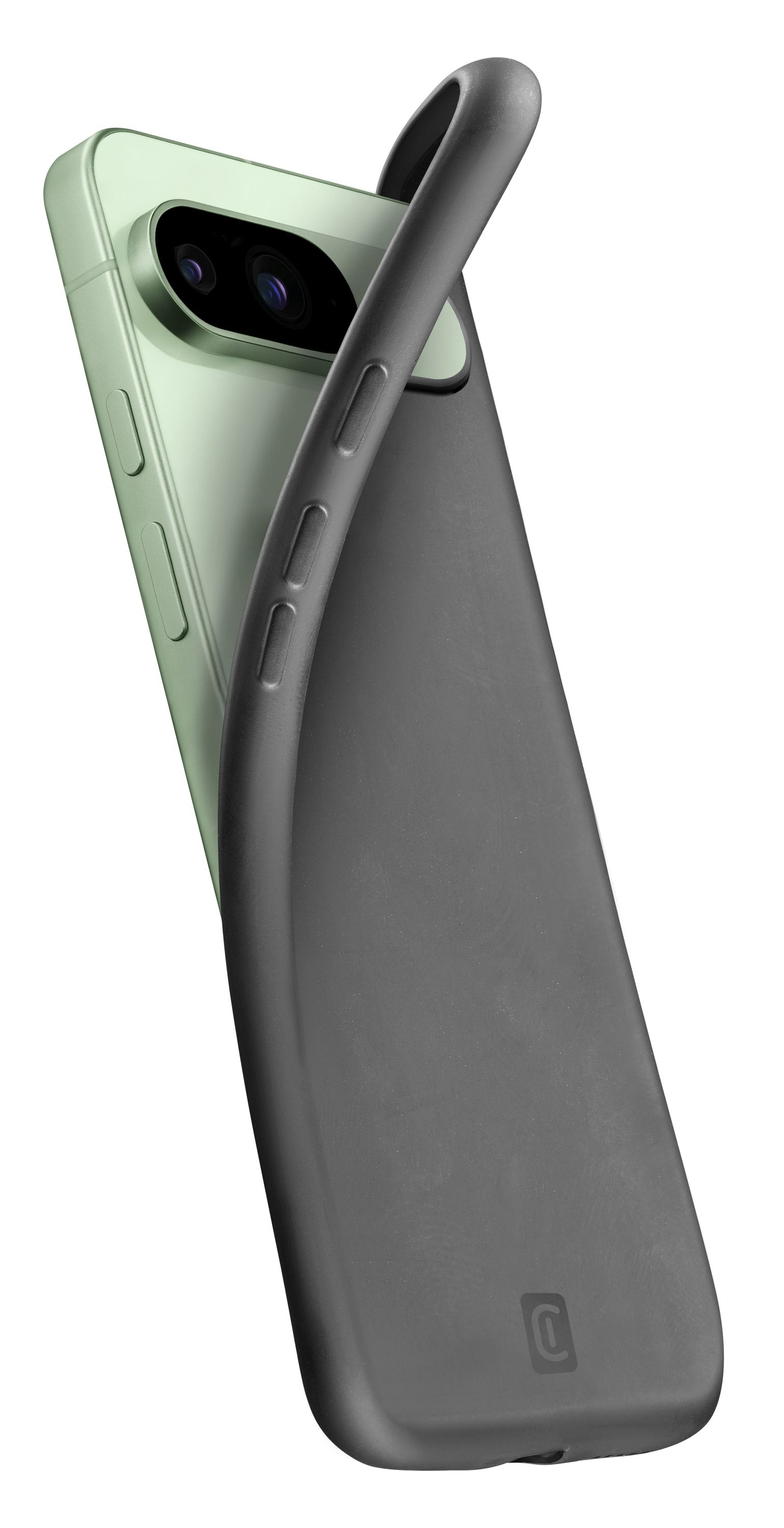 Ein Telefon mit hellgrüner Rückseite wird teilweise von einer grauen Telefonhülle bedeckt, die Kameralinsen und Tasten freigibt.
