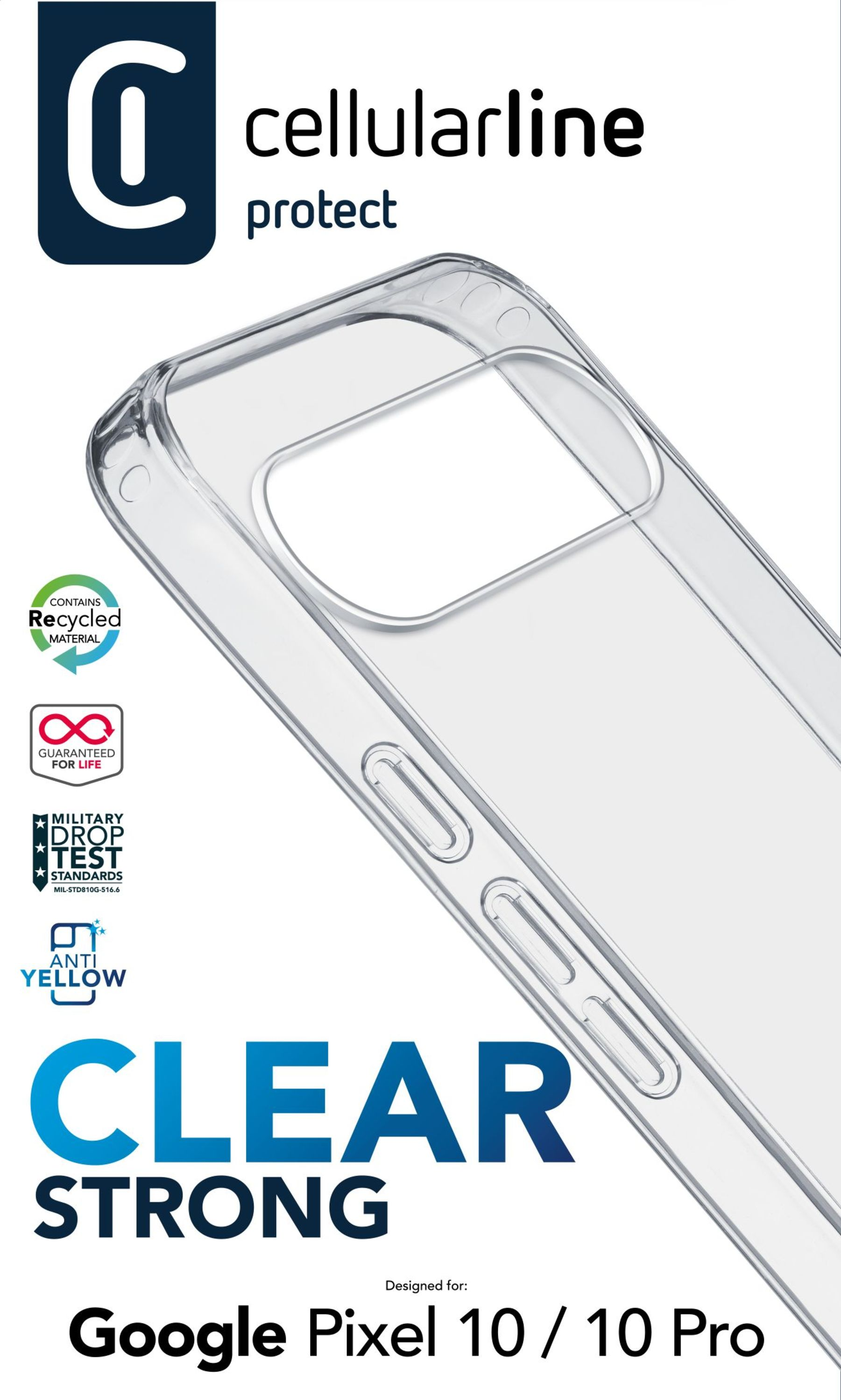 Transparente Handyhülle mit Cellularline-Logo, Produktdetails und Text: 'CLEAR STRONG', entworfen für Google Pixel 10/10 Pro.