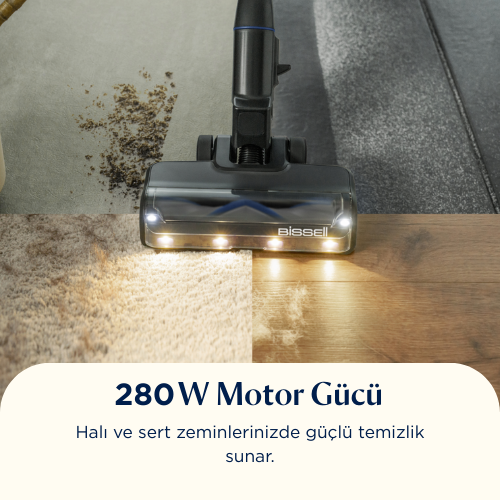 Siyah bir Bissell elektrikli süpürge, kirli bir alanı temizliyor. Yüzey halı, ahşap ve kirli bir bölüme ayrılmıştır. Aşağıda metin var.