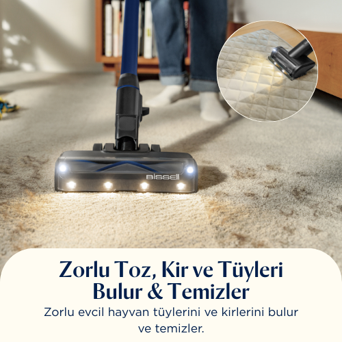 Halı üzerinde bir elektrikli süpürge. Ekteki resim, temizleyicinin kapitone bir ped üzerindeki halini gösterir. Temizleyici siyah ve mavidir.