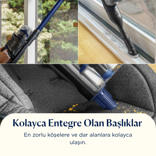 Görüntü, farklı yüzeyleri temizleyen elektrikli süpürge ataşmanlarını gösteriyor: pencere, çerçeve ve kanepe. Metin 'Kolayca entegre edilen başlıklar' diyor.