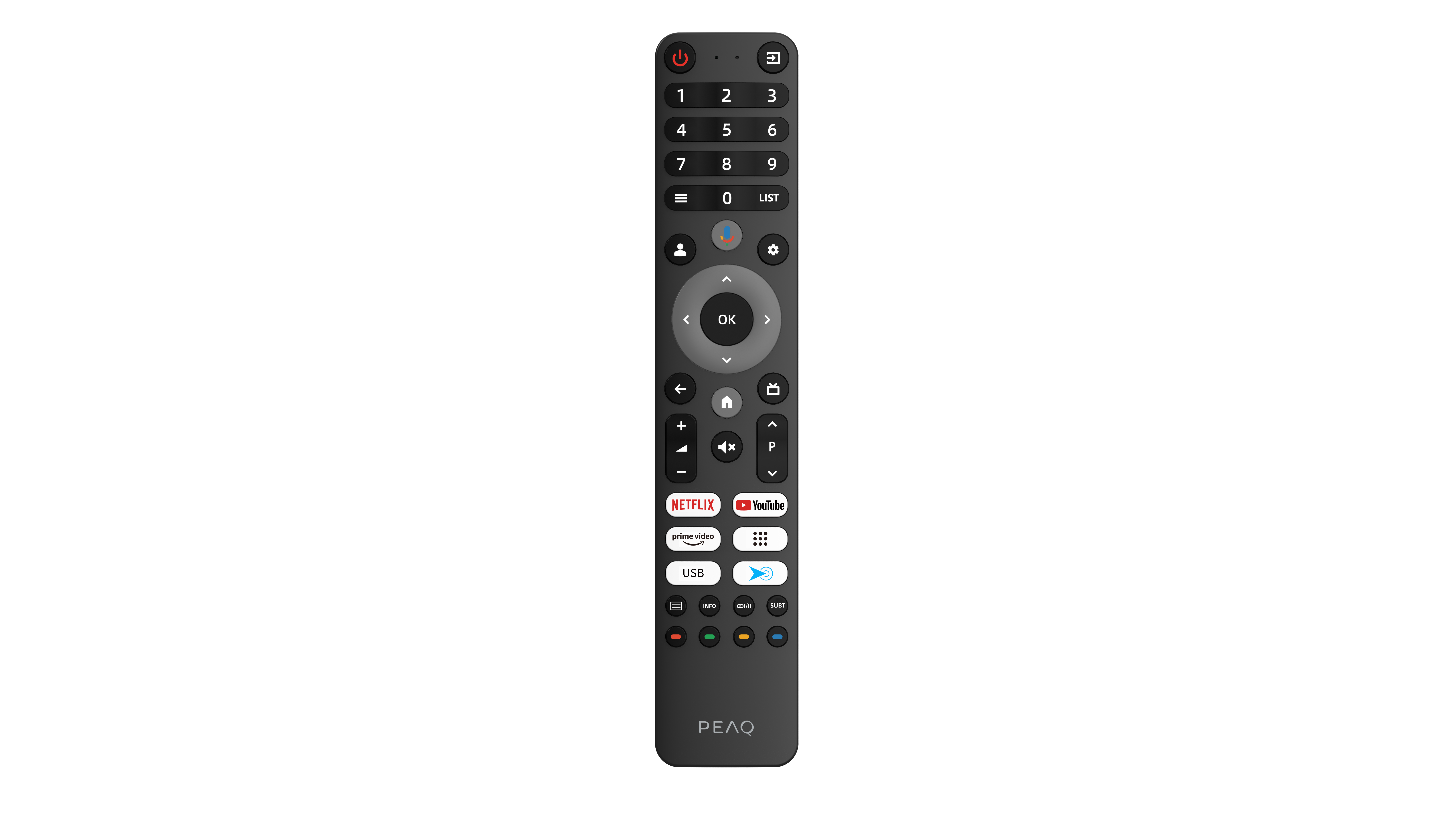 Fekete PEAQ távirányító, TV gombokkal, beleértve a Netflixet és a YouTube-ot.