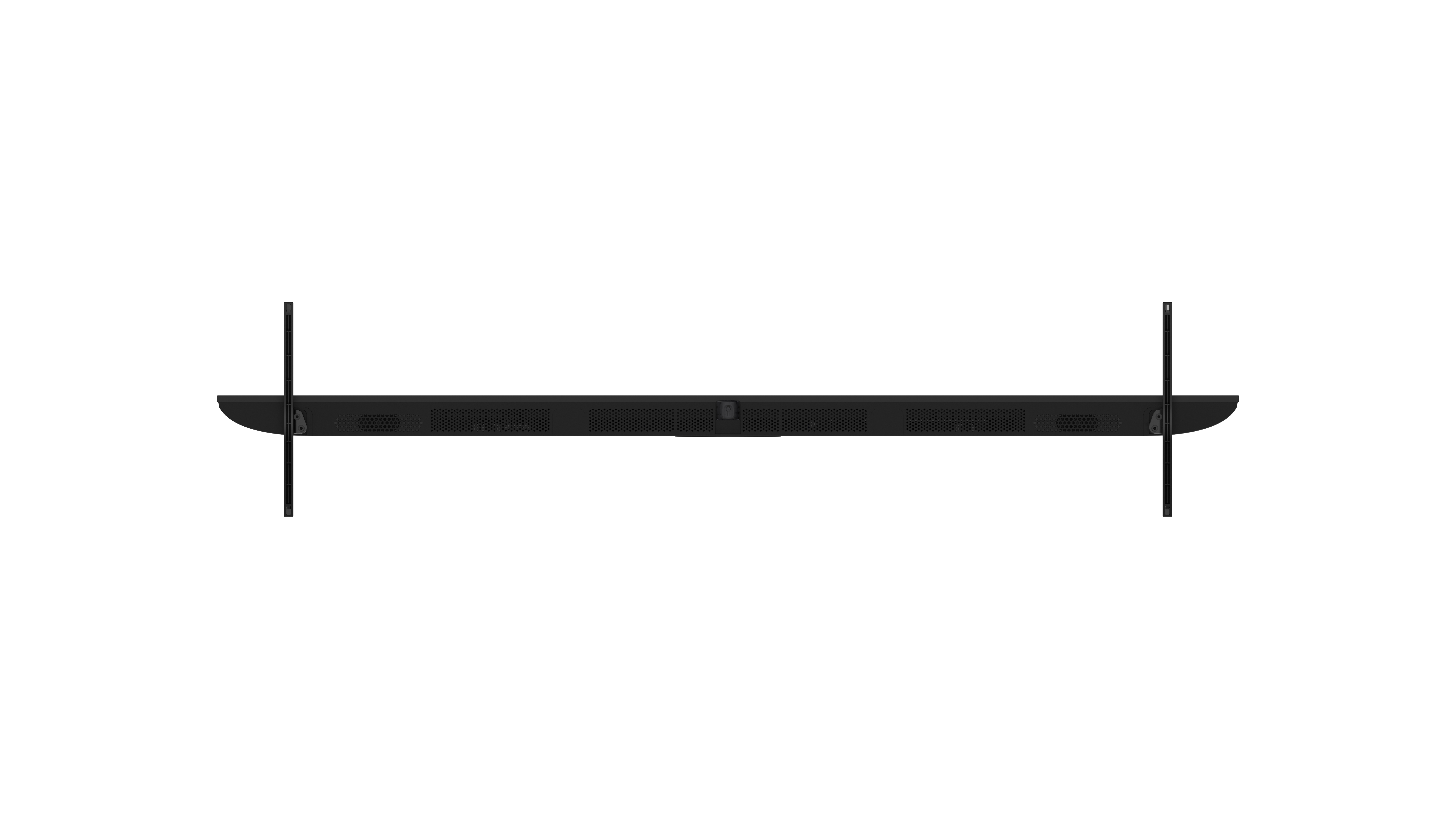 Egy fekete téglalap alakú soundbar két függőleges tartóval, fehér háttér előtt középen.