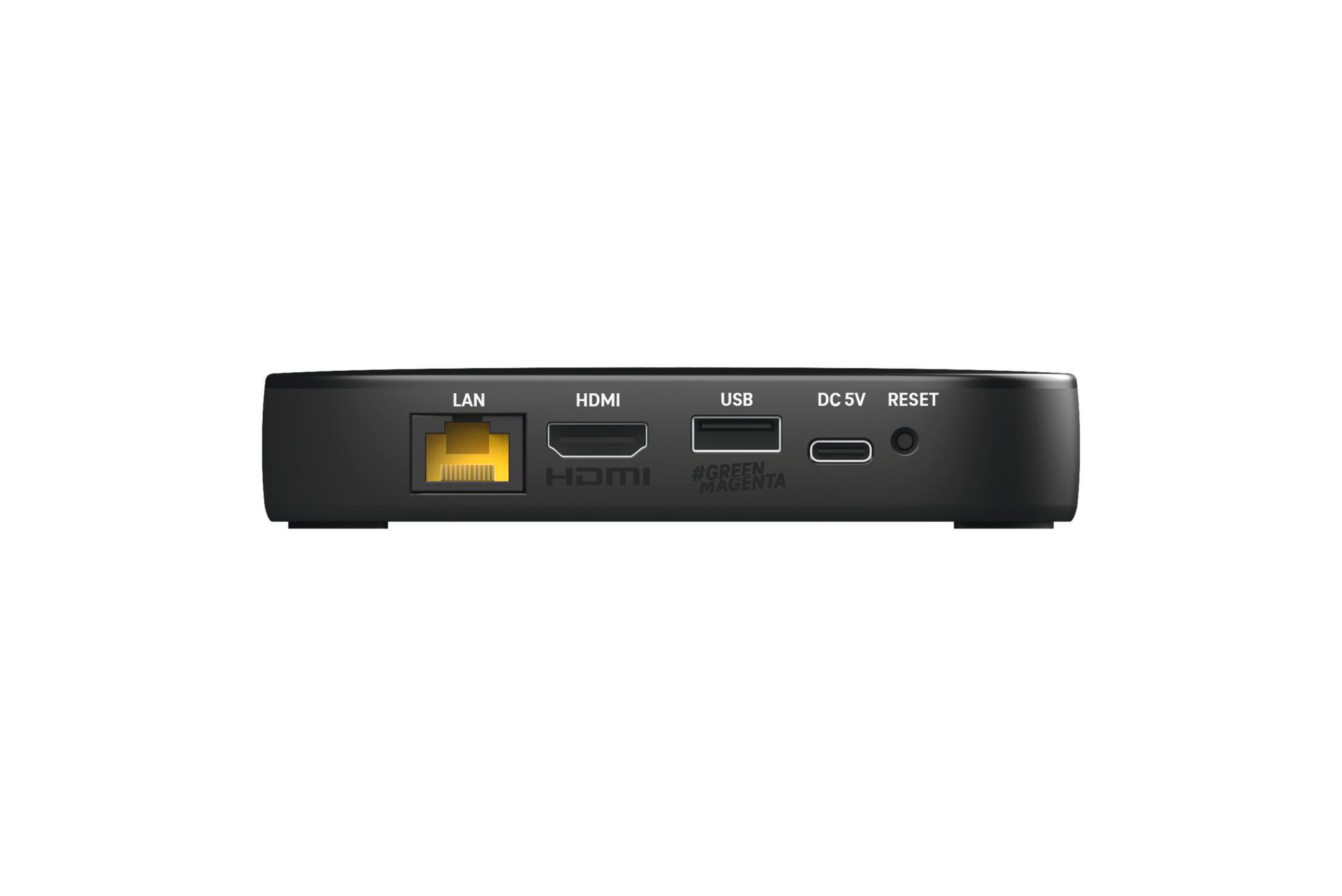 Schwarzes Gerät mit LAN-, HDMI-, USB-, DC 5V- und Reset-Anschlüssen, vor weißem Hintergrund.