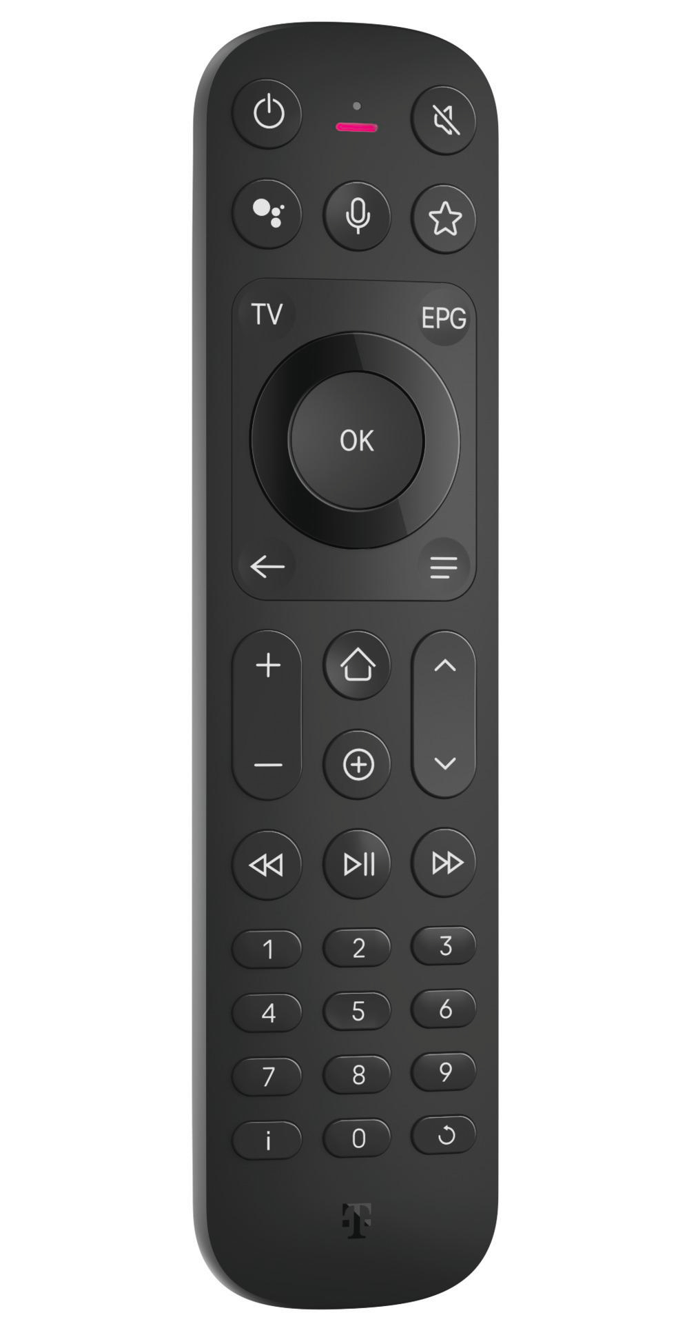 Eine schwarze TV-Fernbedienung mit Tasten für Ein/Aus, Lautstärke, Kanäle und Zahlen. Mit OK-Taste und T-Mobile-Logo.