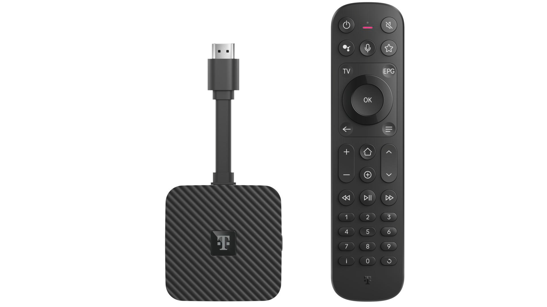Schwarze Fernbedienung und Set-Top-Box. Fernbedienung hat Tasten für TV, EPG, Navigation und Zahlen. Box hat Kabel und T-Mobile Logo.
