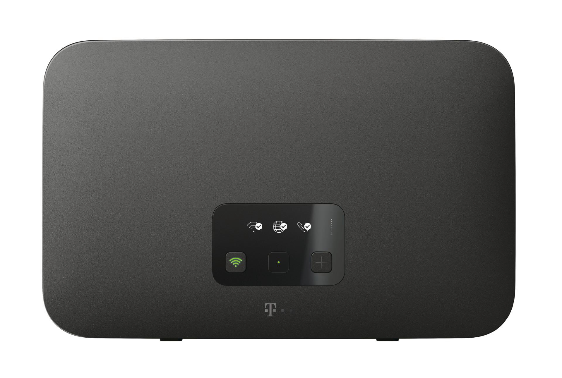Ein dunkelgraues Modem mit einem Display, das Verbindungssymbole, ein WLAN-Symbol und eine Plus-Taste anzeigt. Das T-Mobile-Logo befindet sich unten.
